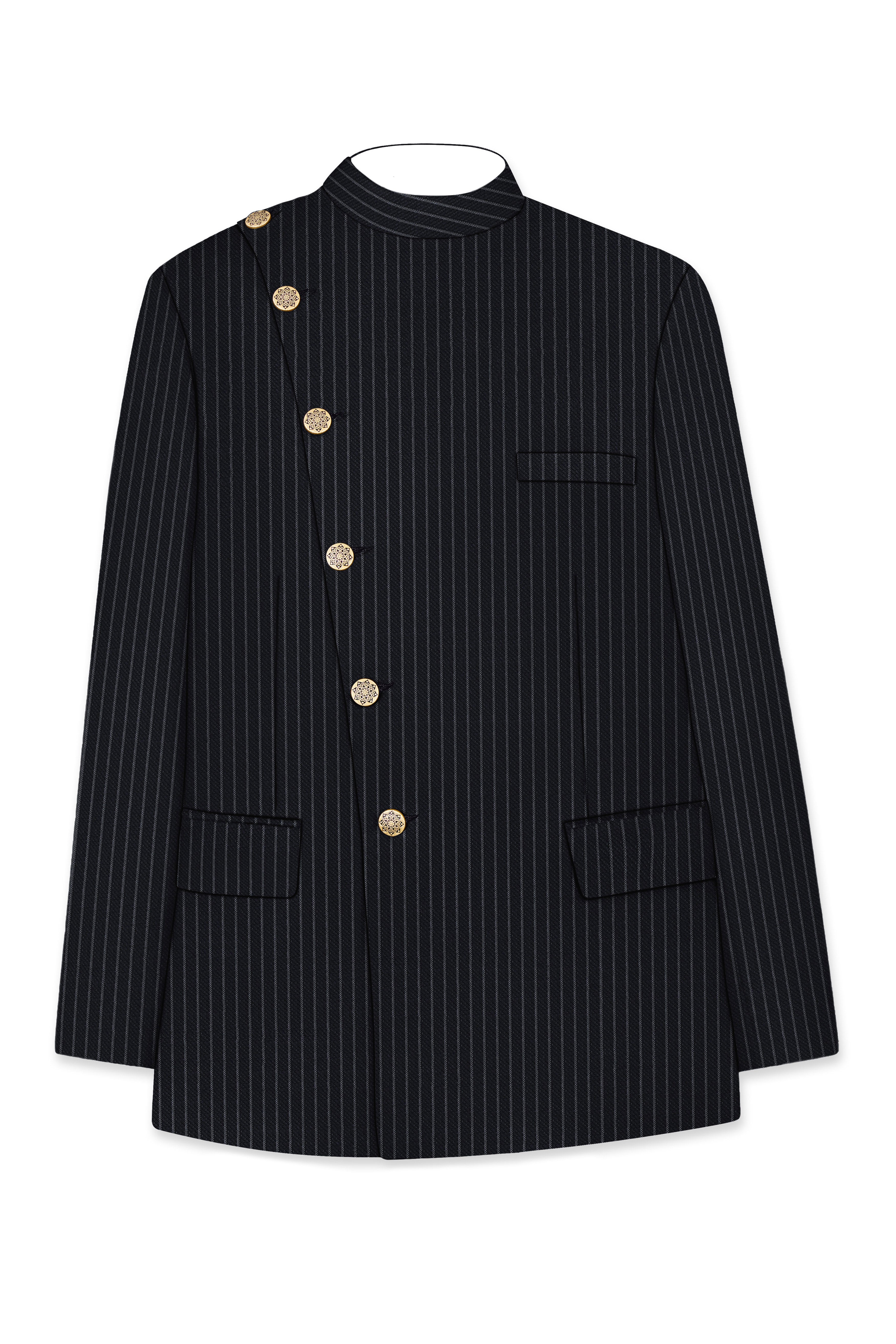 Piano Black Striped Cross Placket  Woolrich Bandhgala Blazer