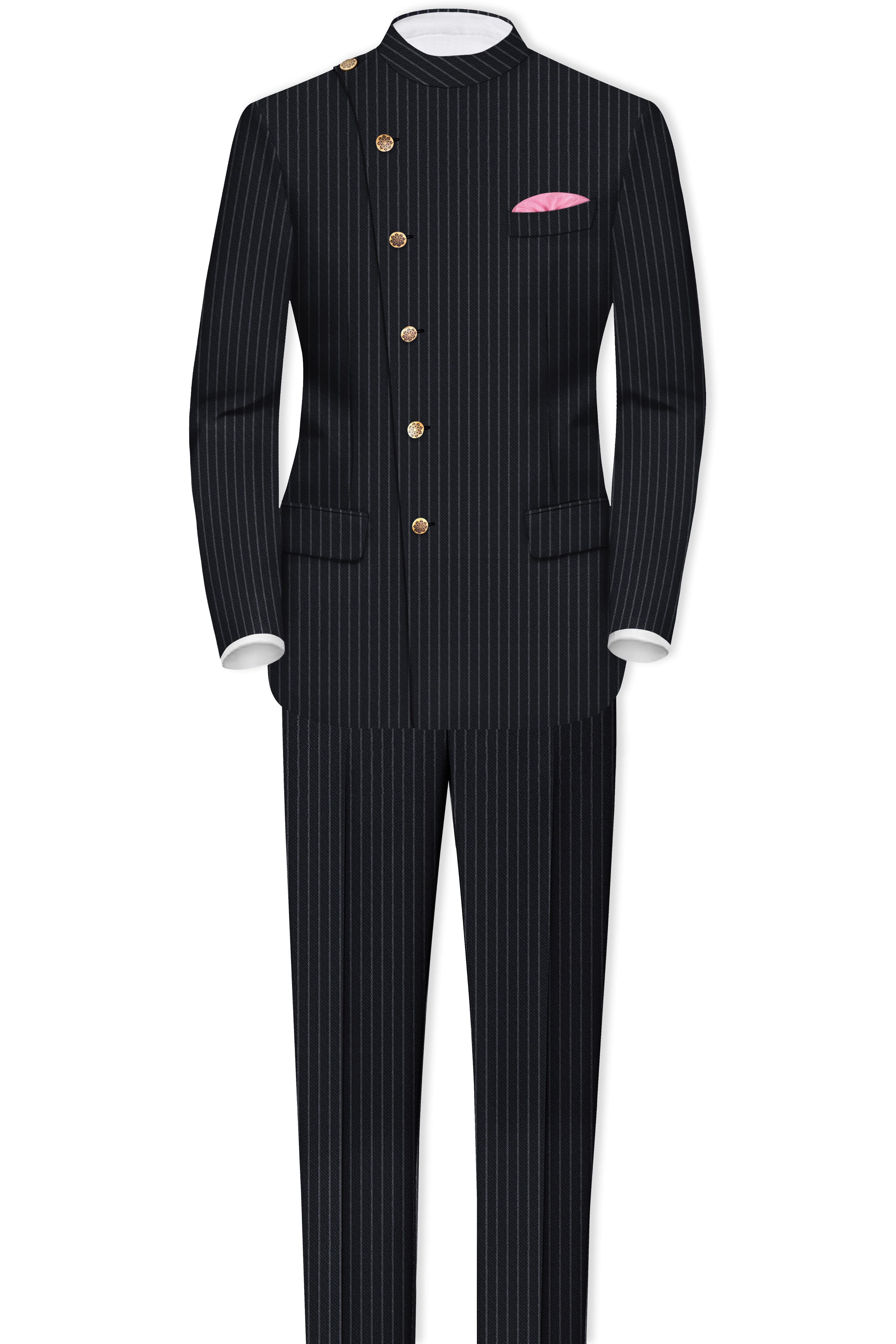 Piano Black Striped Cross Placket  Woolrich Bandhgala Blazer