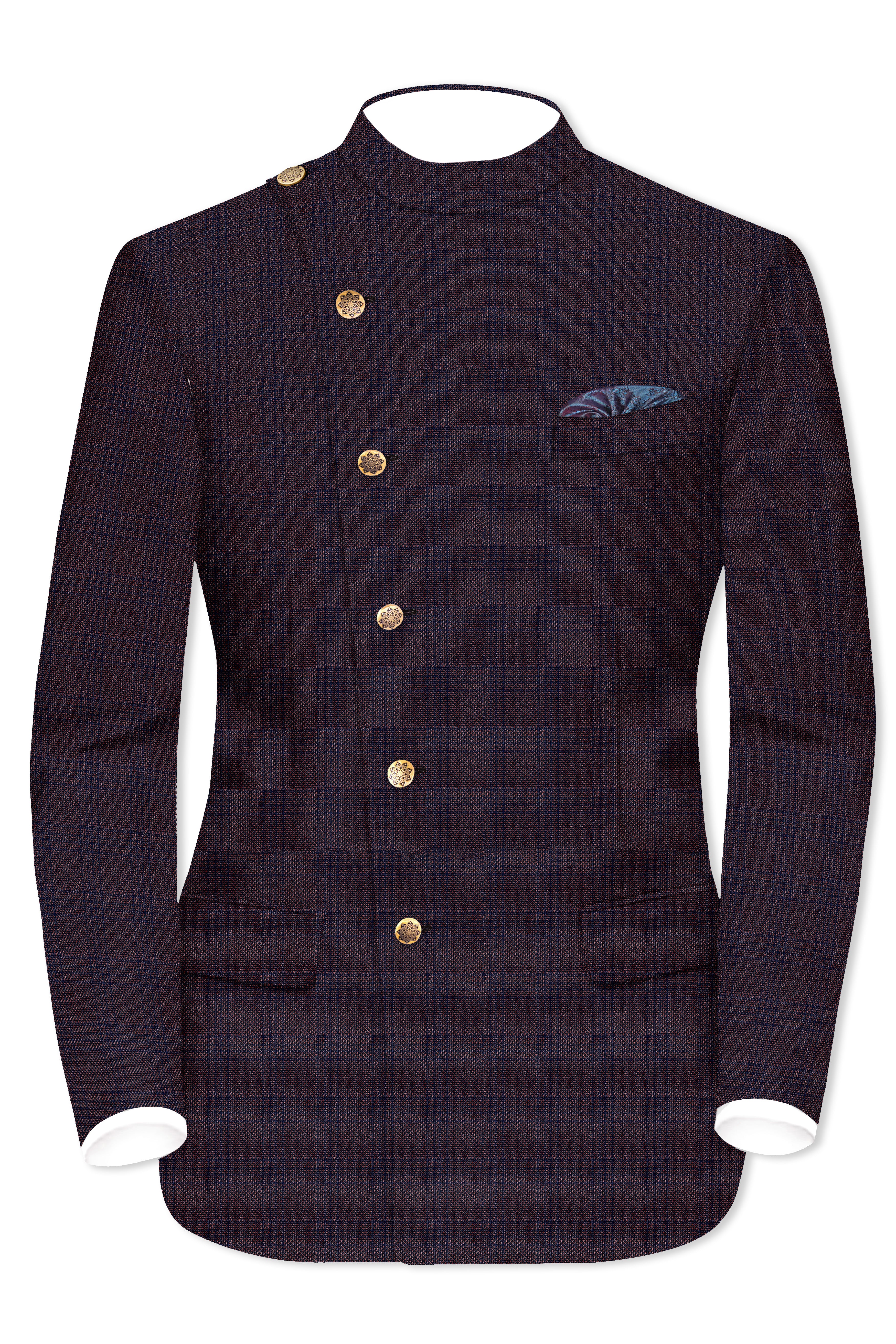 Thunder Brown Subtle Checkered Woolrich Cross Placket Bandhgala Blazer