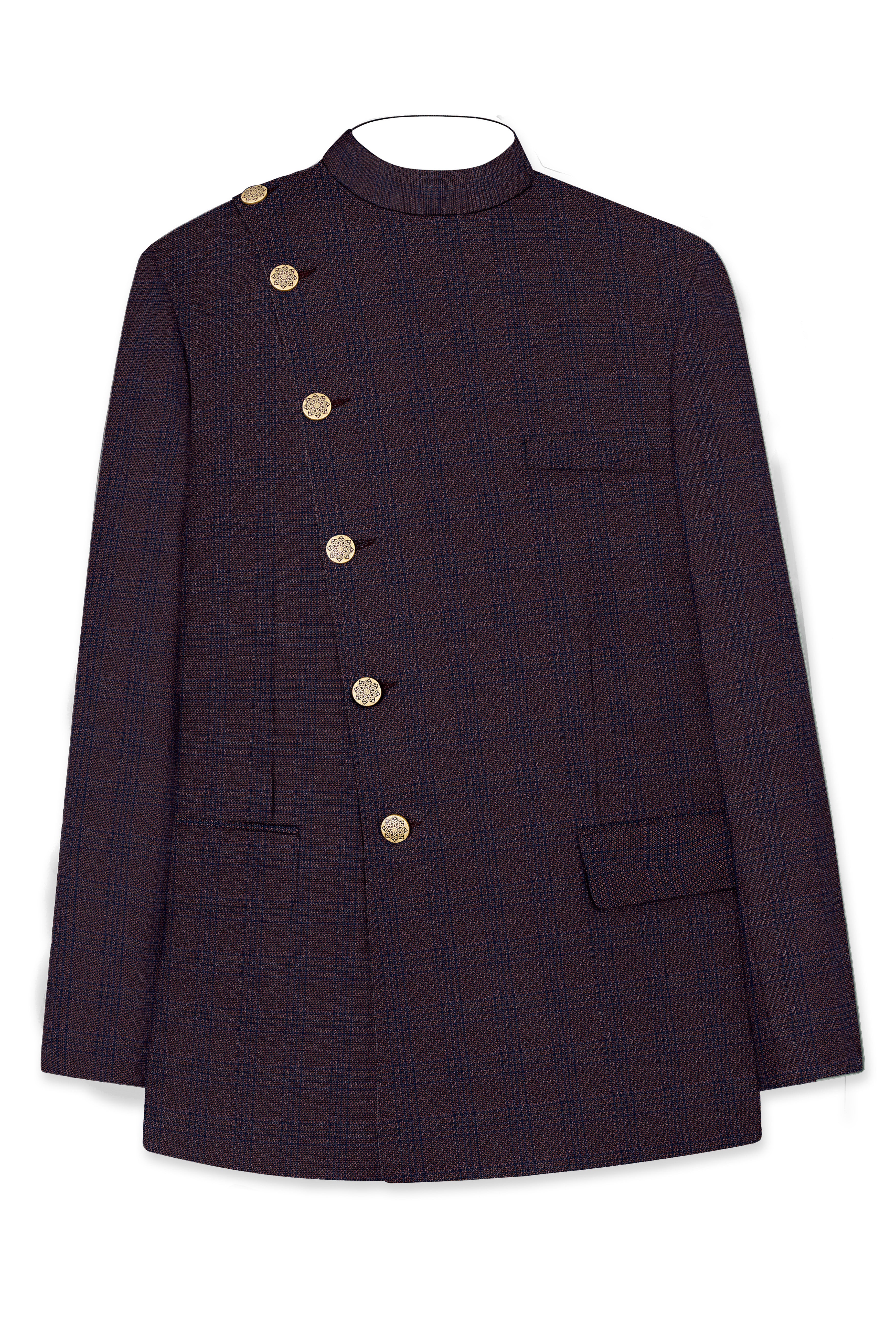 Thunder Brown Subtle Checkered Woolrich Cross Placket Bandhgala Blazer