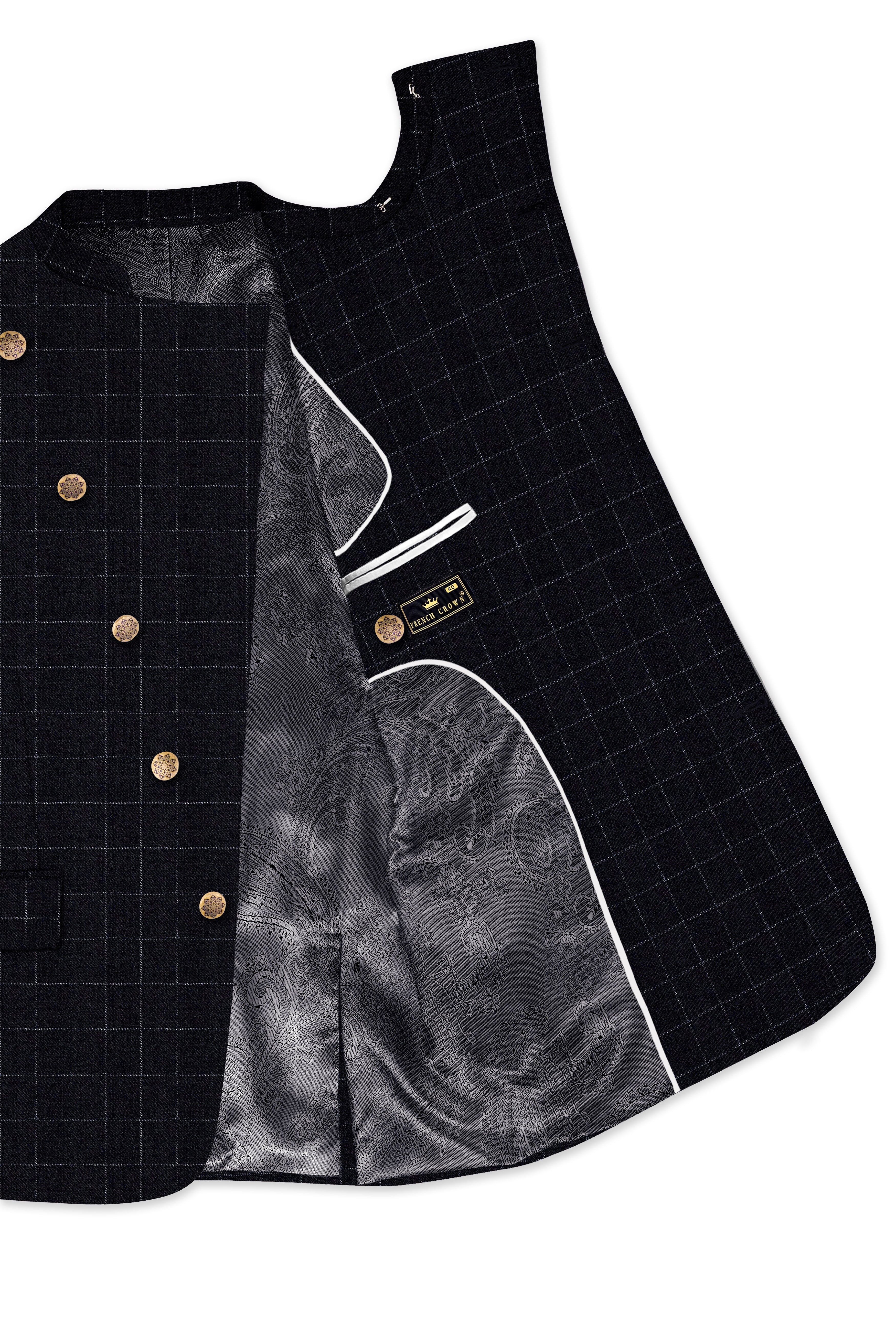 Log Cabin Black Super fine  Windowpane Cross Placket Wool Rich Bandhgala Blazer