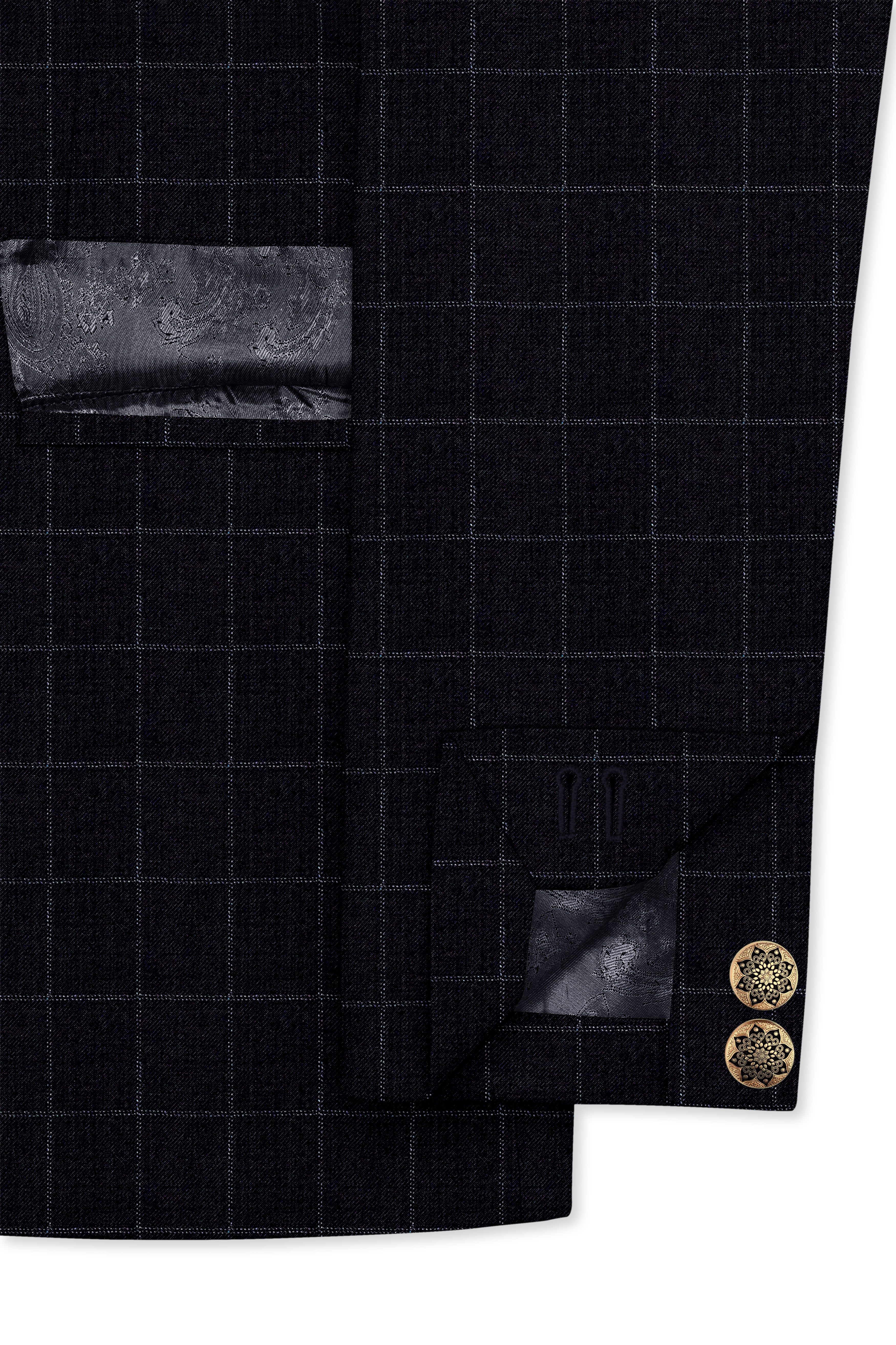 Log Cabin Black Super fine  Windowpane Cross Placket Wool Rich Bandhgala Blazer