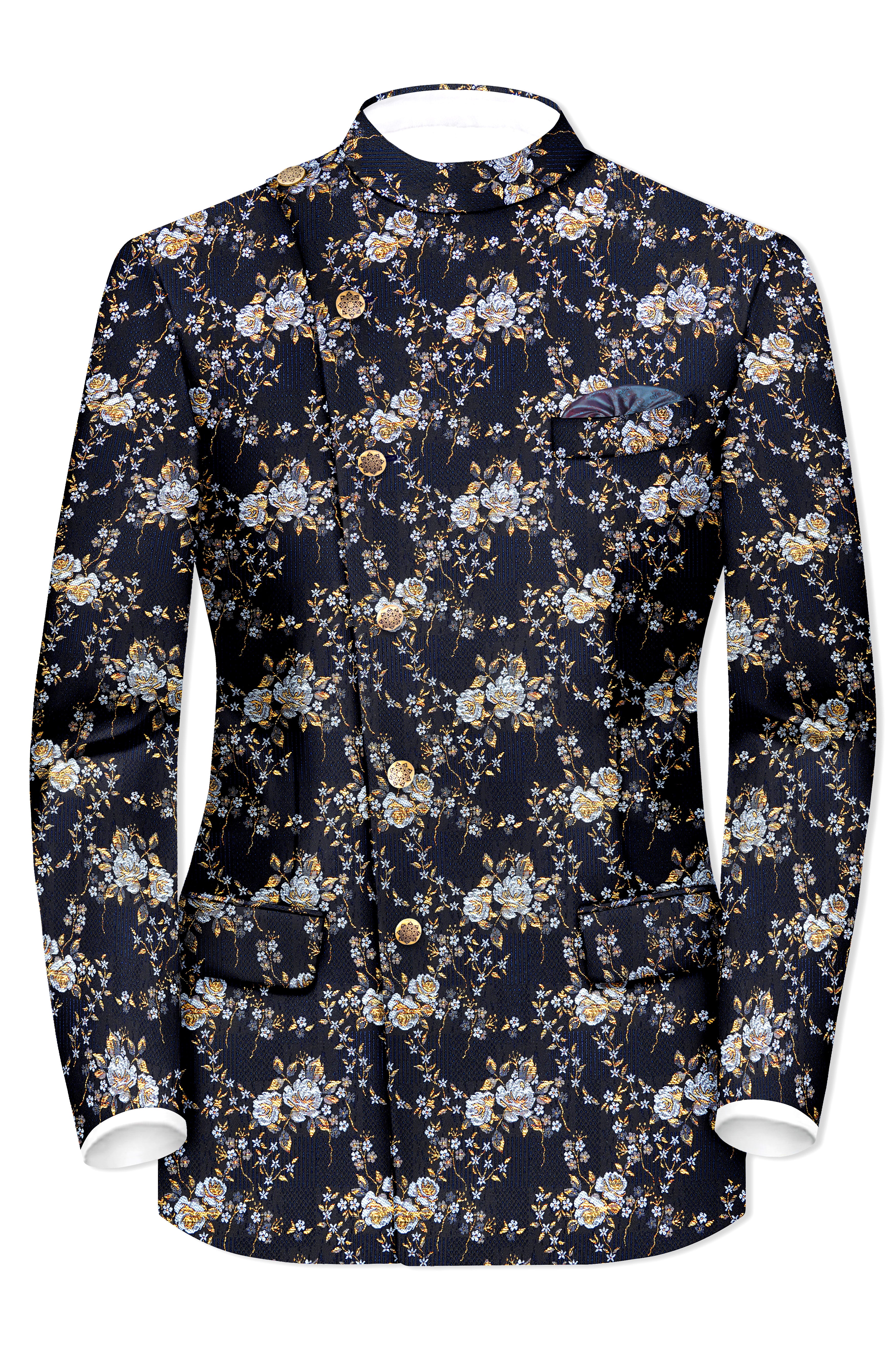 Chambray Blue with White Rose & Lily Textured Cross Placket Bandhgala Designer Blazer