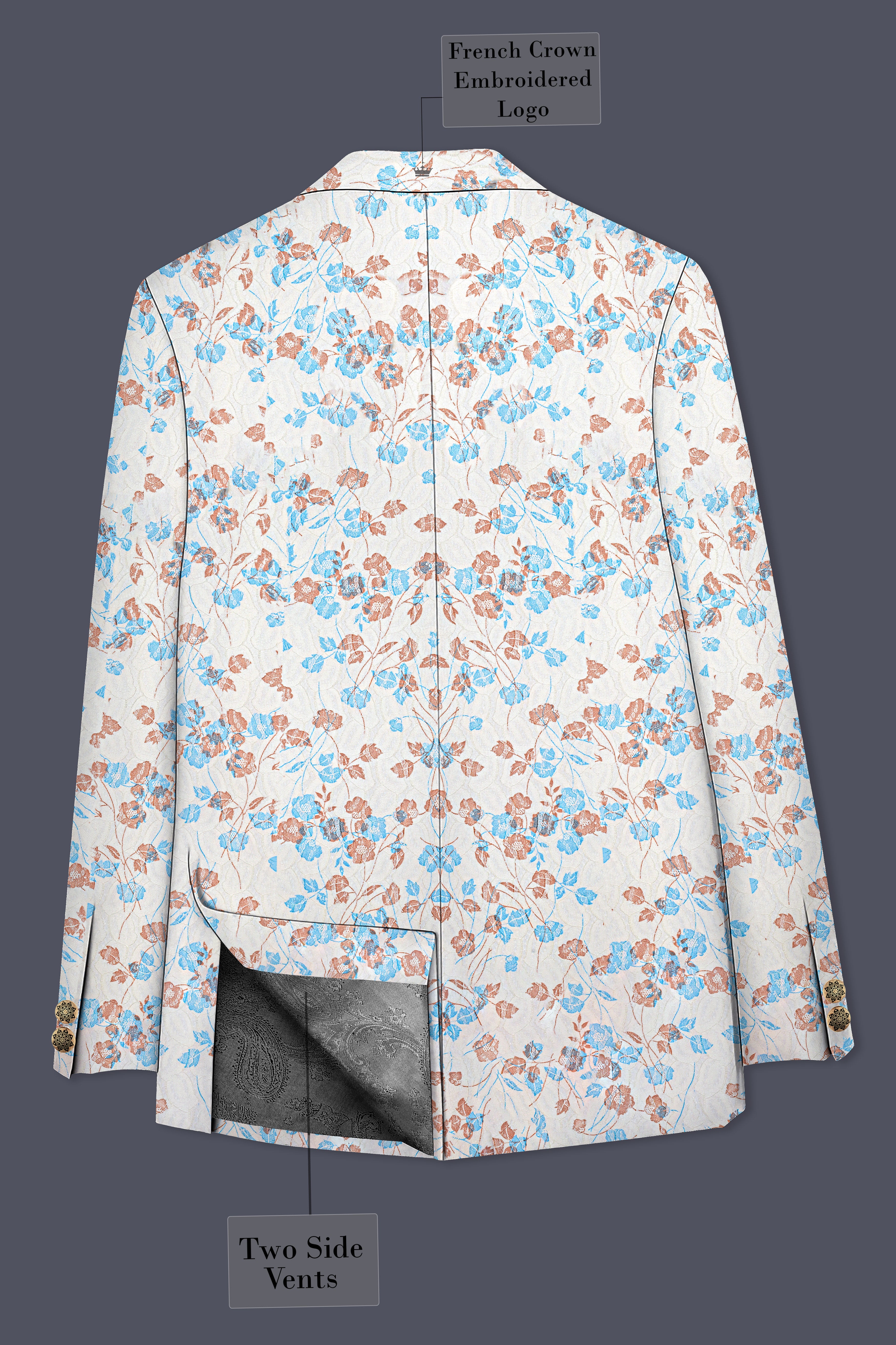 Bright White Floral and Leaves Textured Cross Placket Bandhgala Designer Blazer