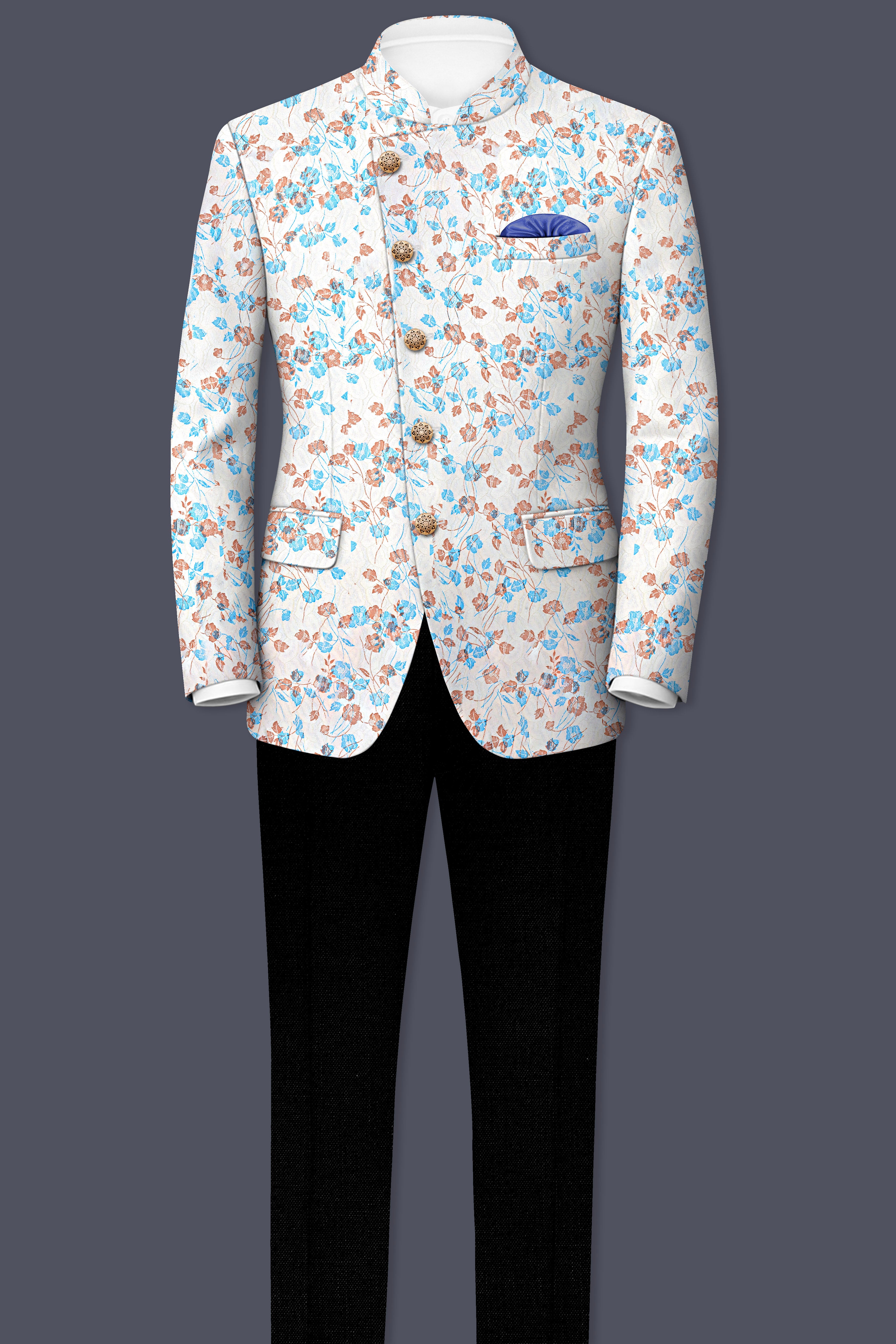 Bright White Floral and Leaves Textured Cross Placket Bandhgala Designer Blazer