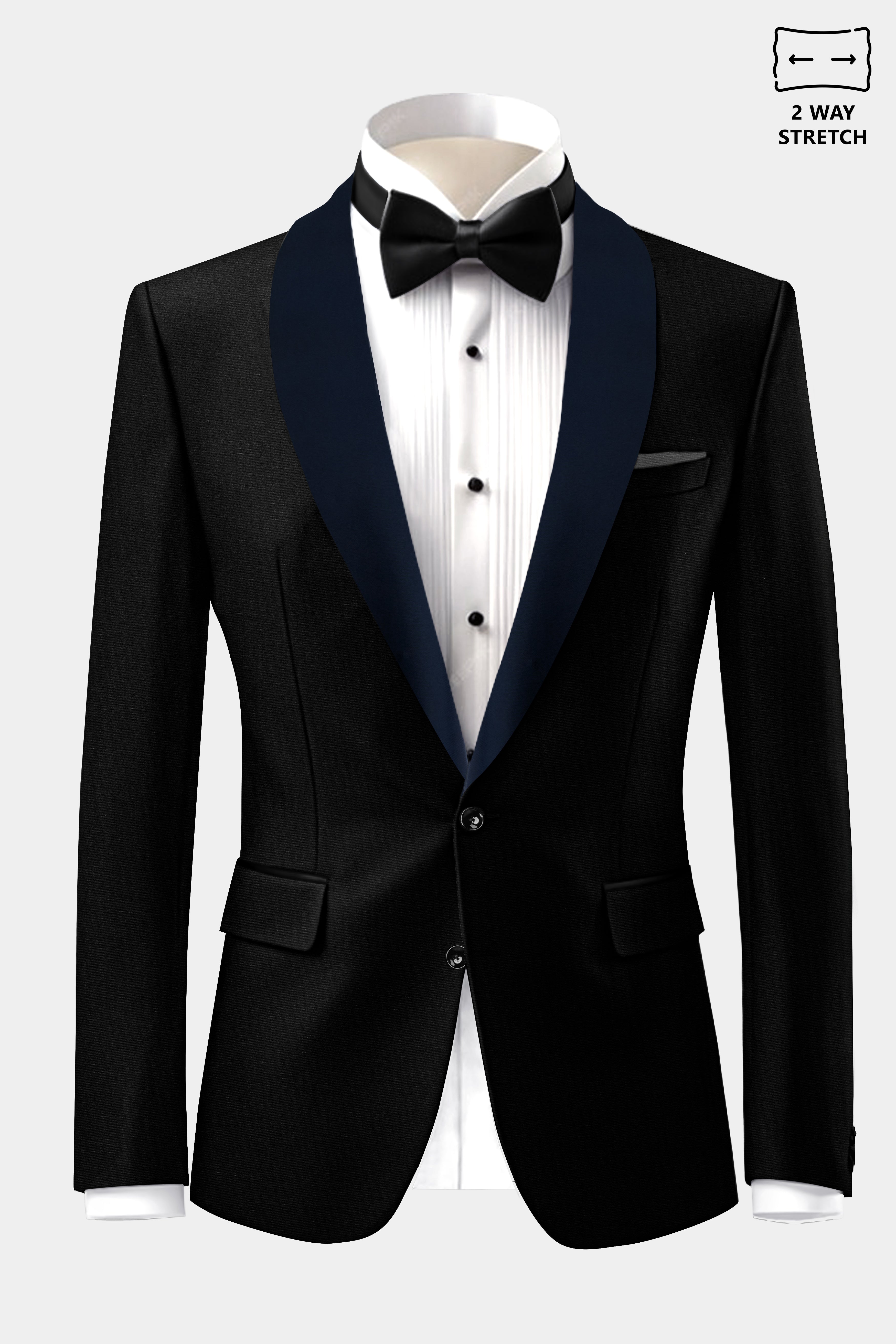 Jade Black Stretchable Subtle Sheen with Blue lapel Tuxedo Blazer