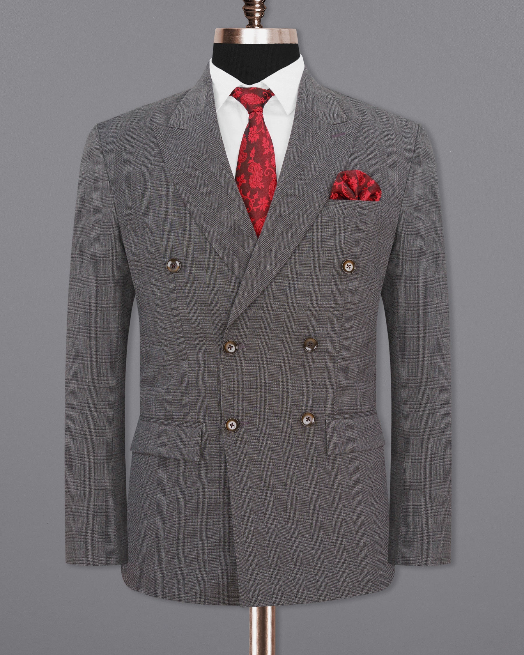 Wenge Gray Subtle Plaid Double Breasted Blazer