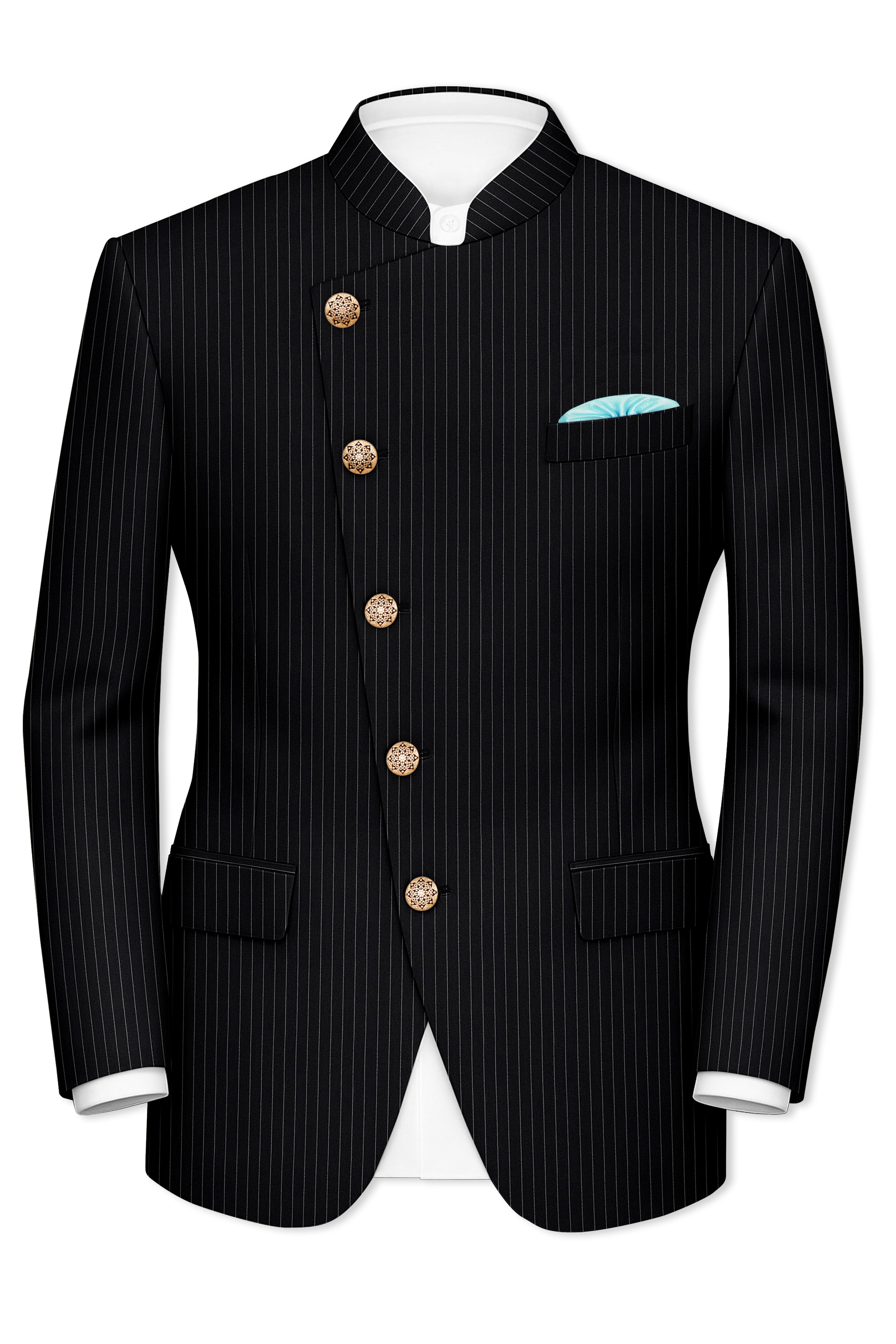Jade Black Striped Cross Placket Bandhgala Blazer