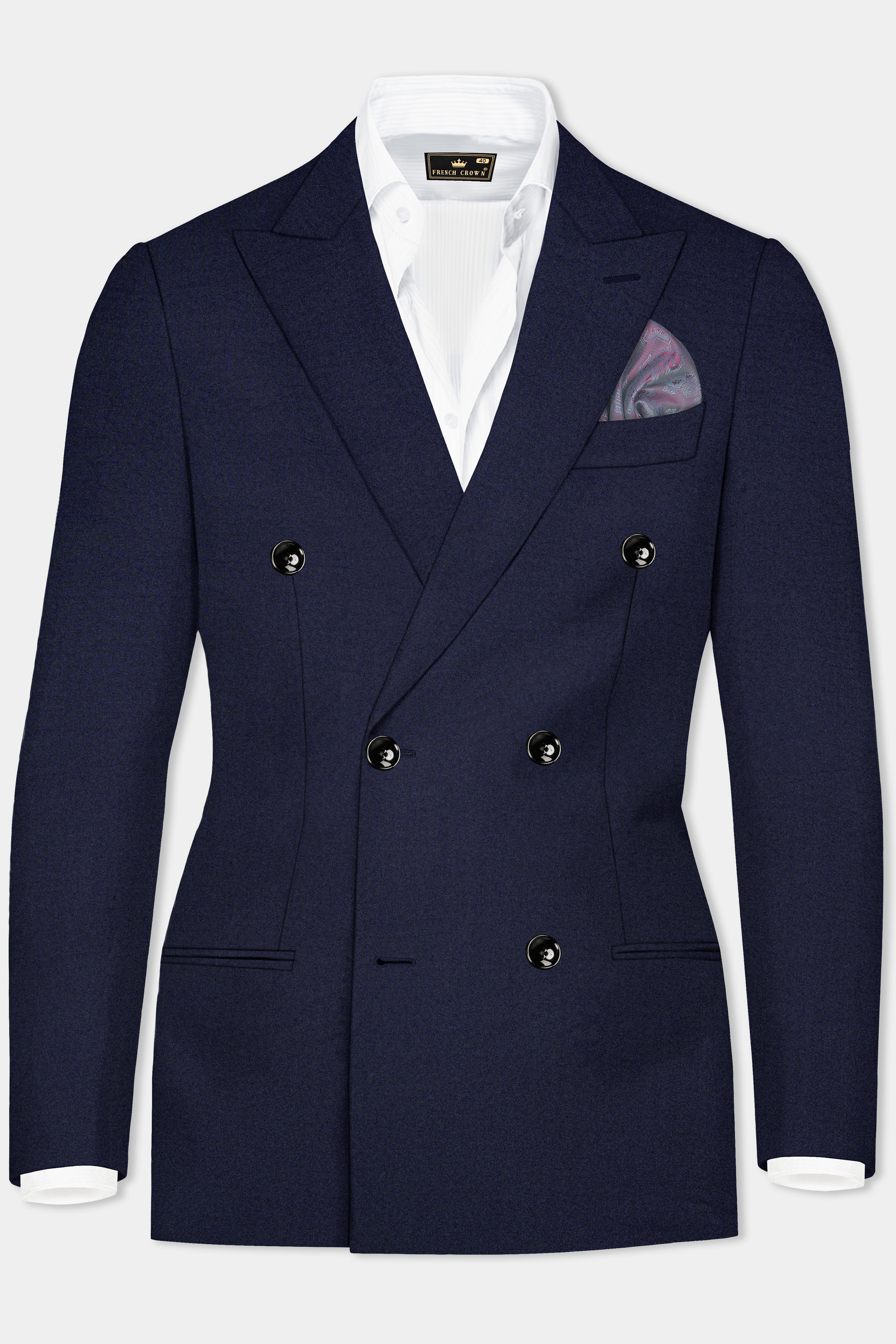 Vulcan Blue Plain Solid Wool Blend Double Breasted Blazer