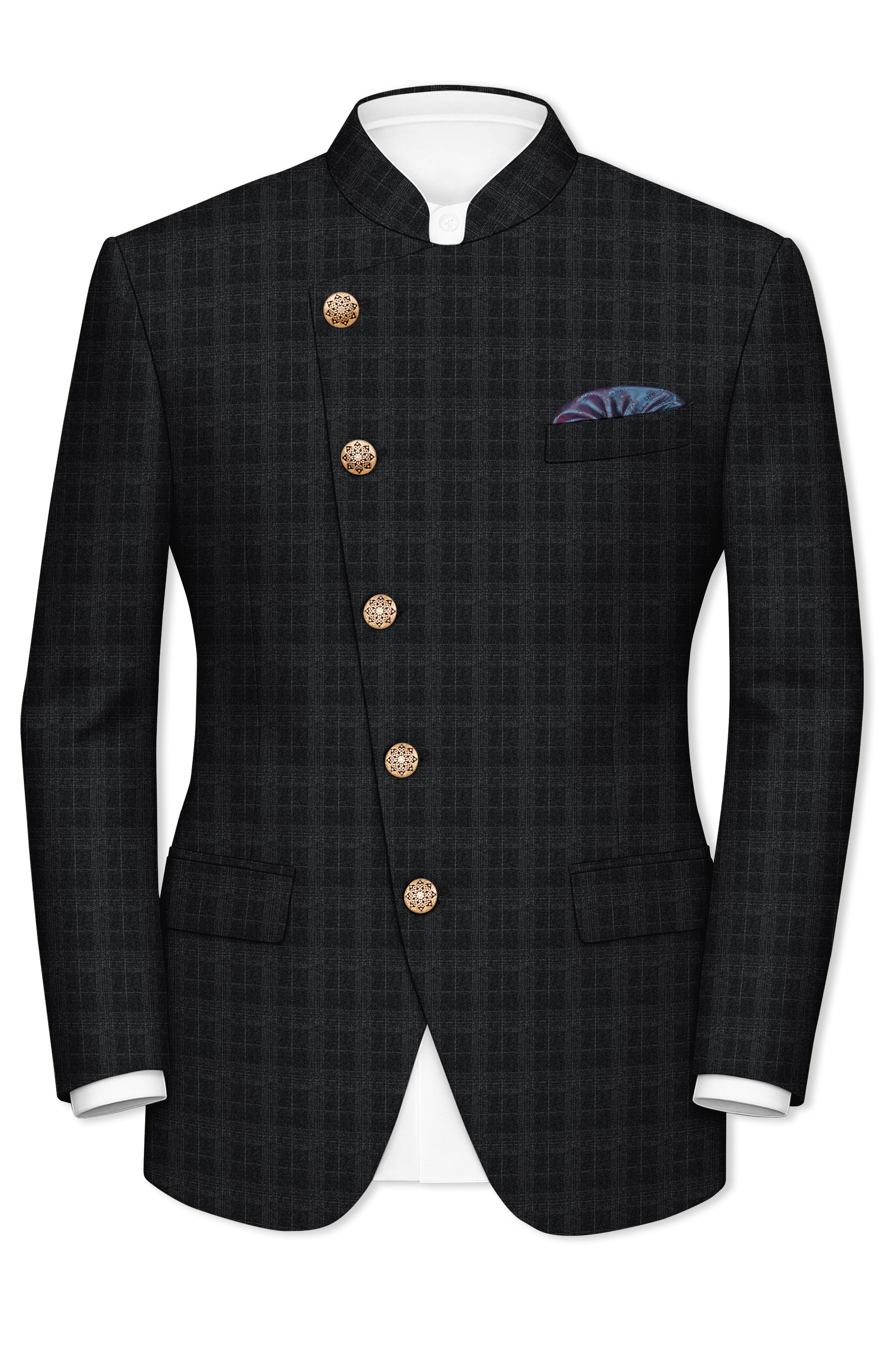 Charcoal Gray Plaid Cross Placket Bandhgala Blazer