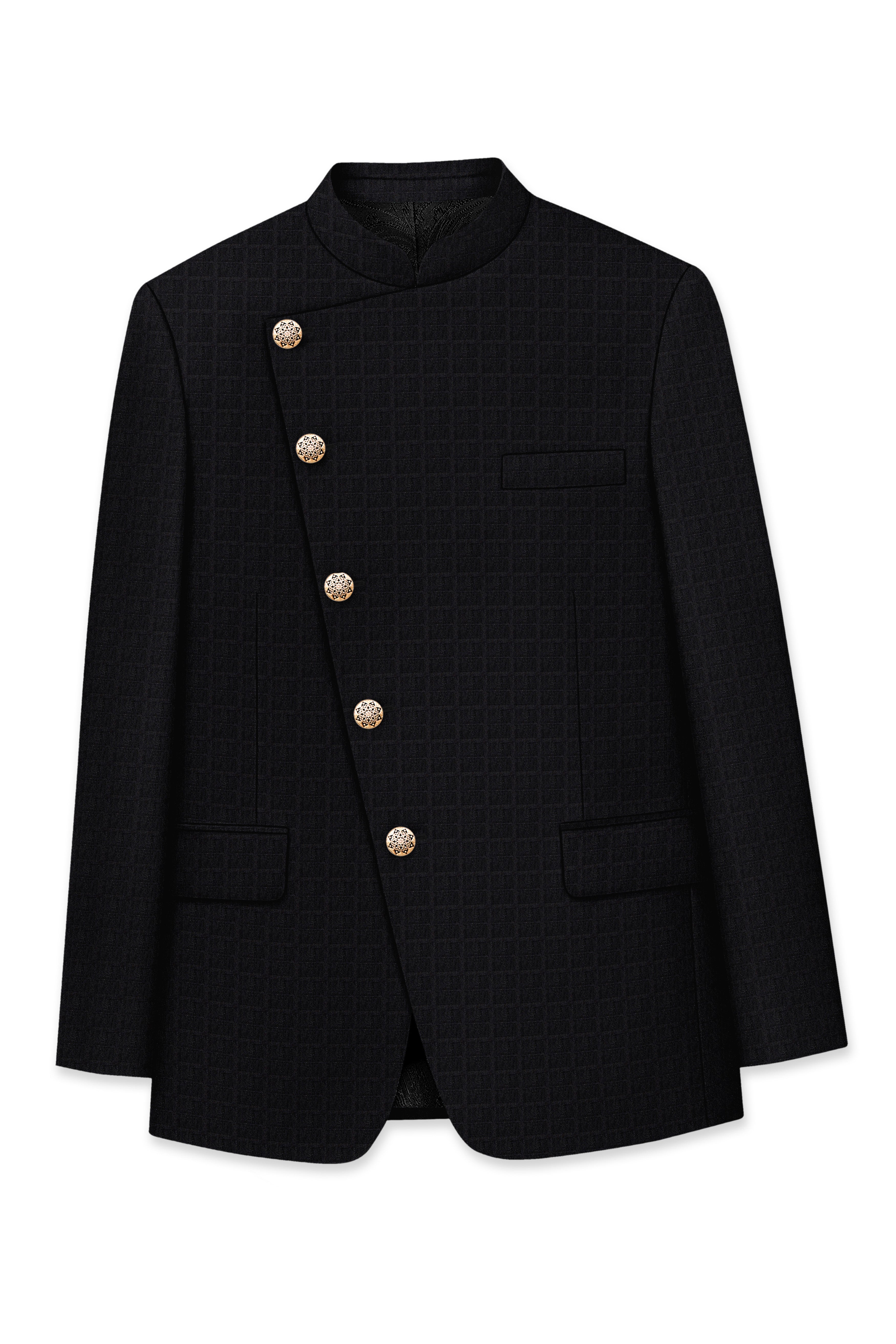 Baltic Sea Black Subtle Plaid Cross Placket Bandhgala Blazer