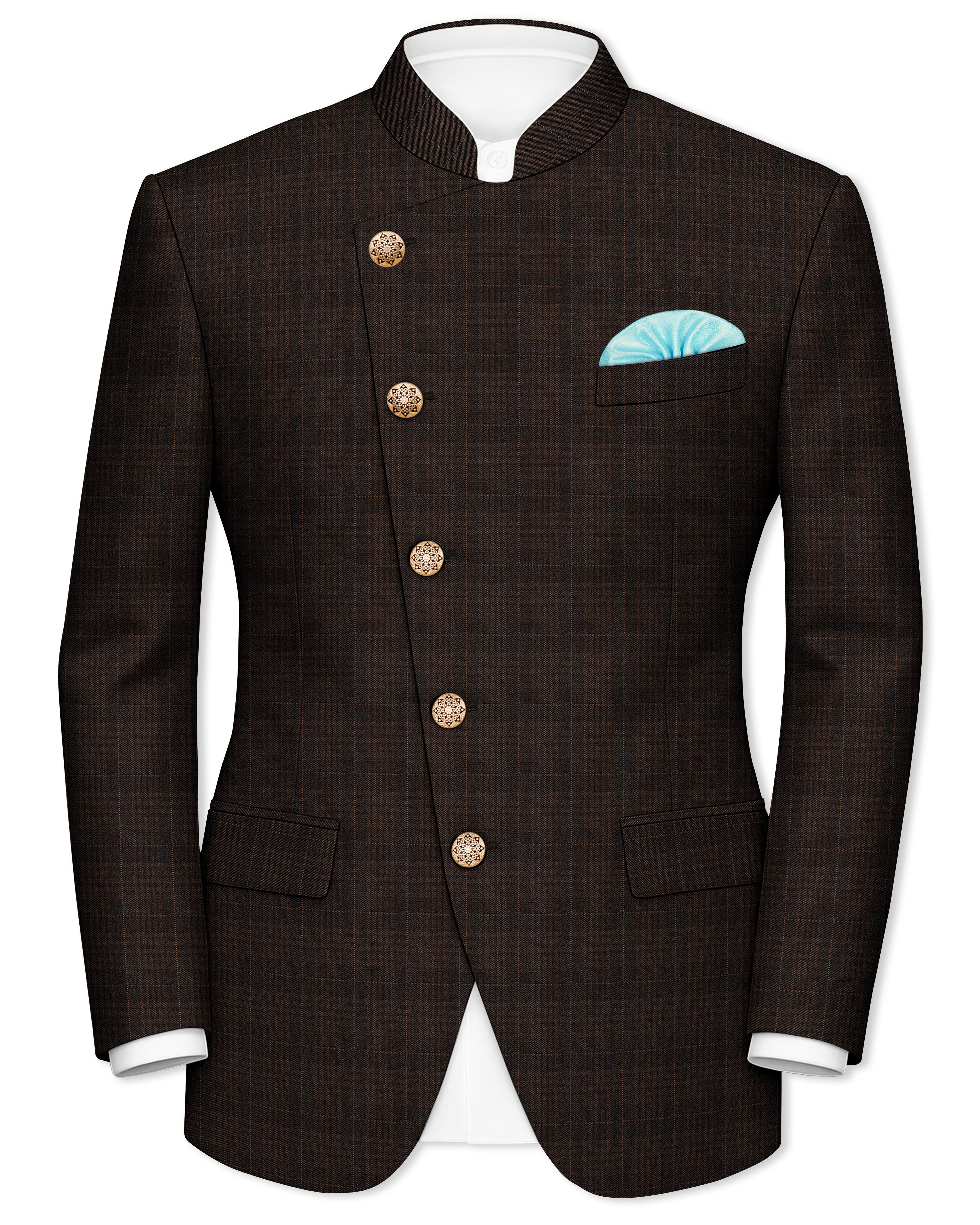 Birch Brown Plaid Cross Placket Bandhgala Blazer