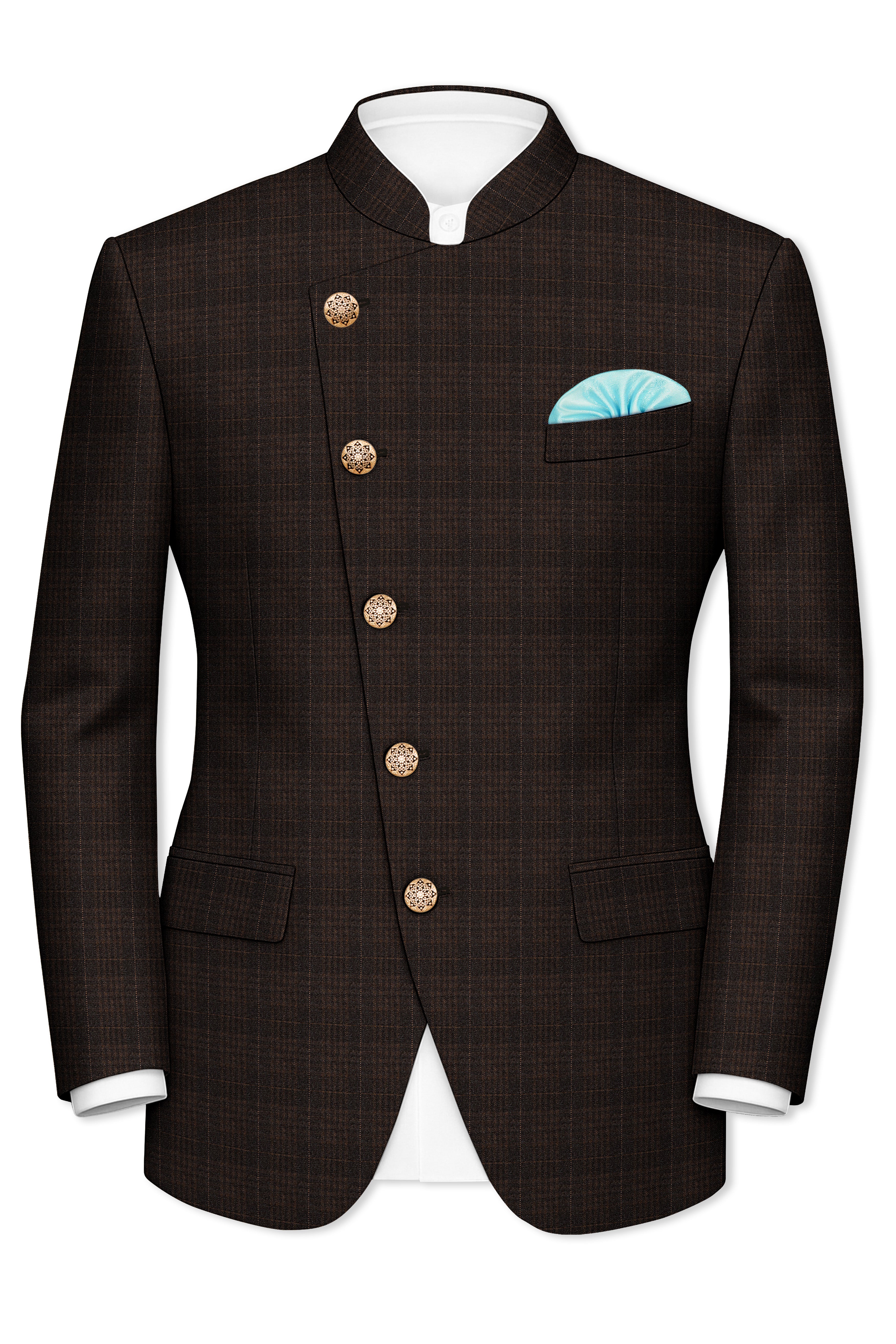 Birch Brown Plaid Cross Placket Bandhgala Blazer