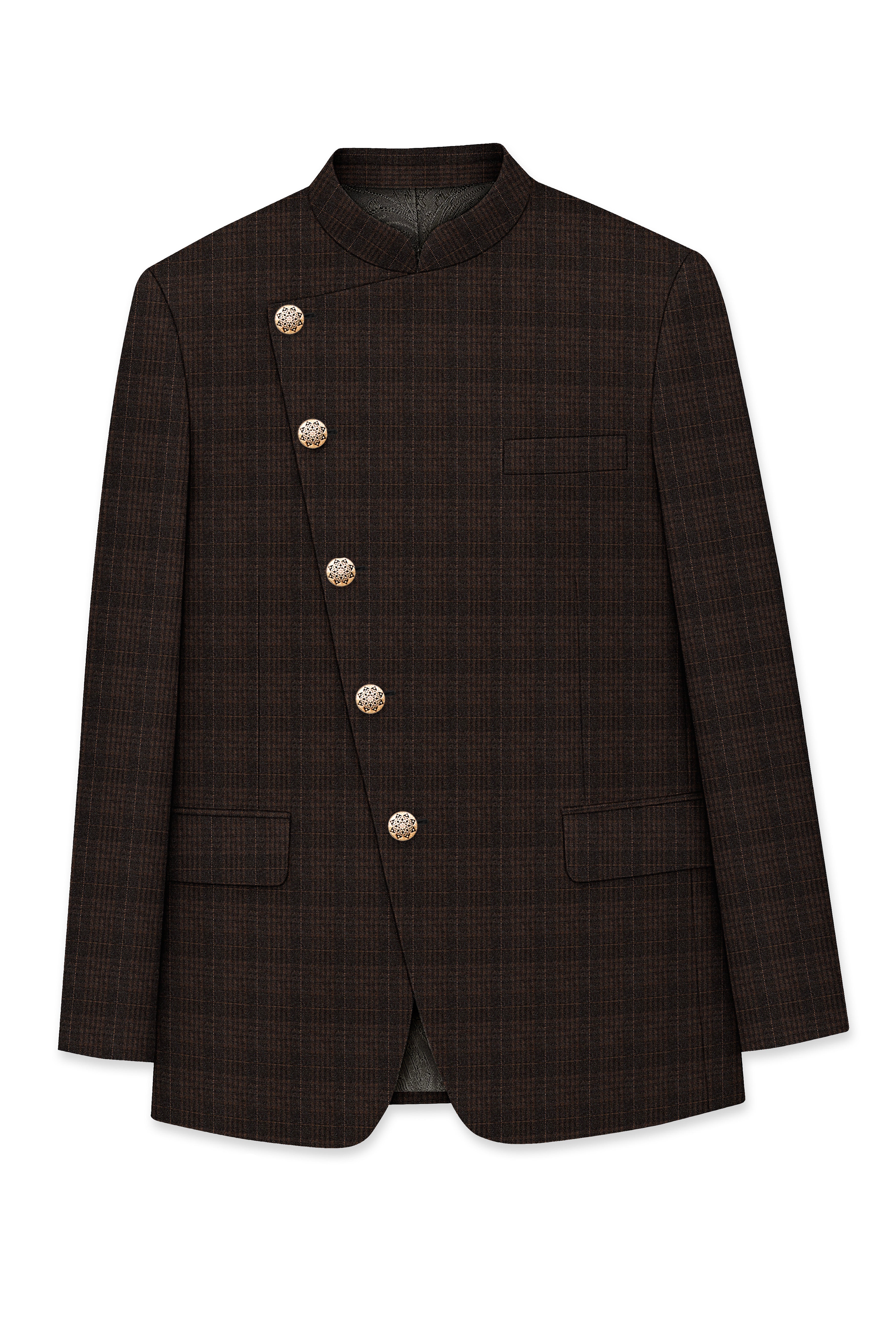 Birch Brown Plaid Cross Placket Bandhgala Blazer