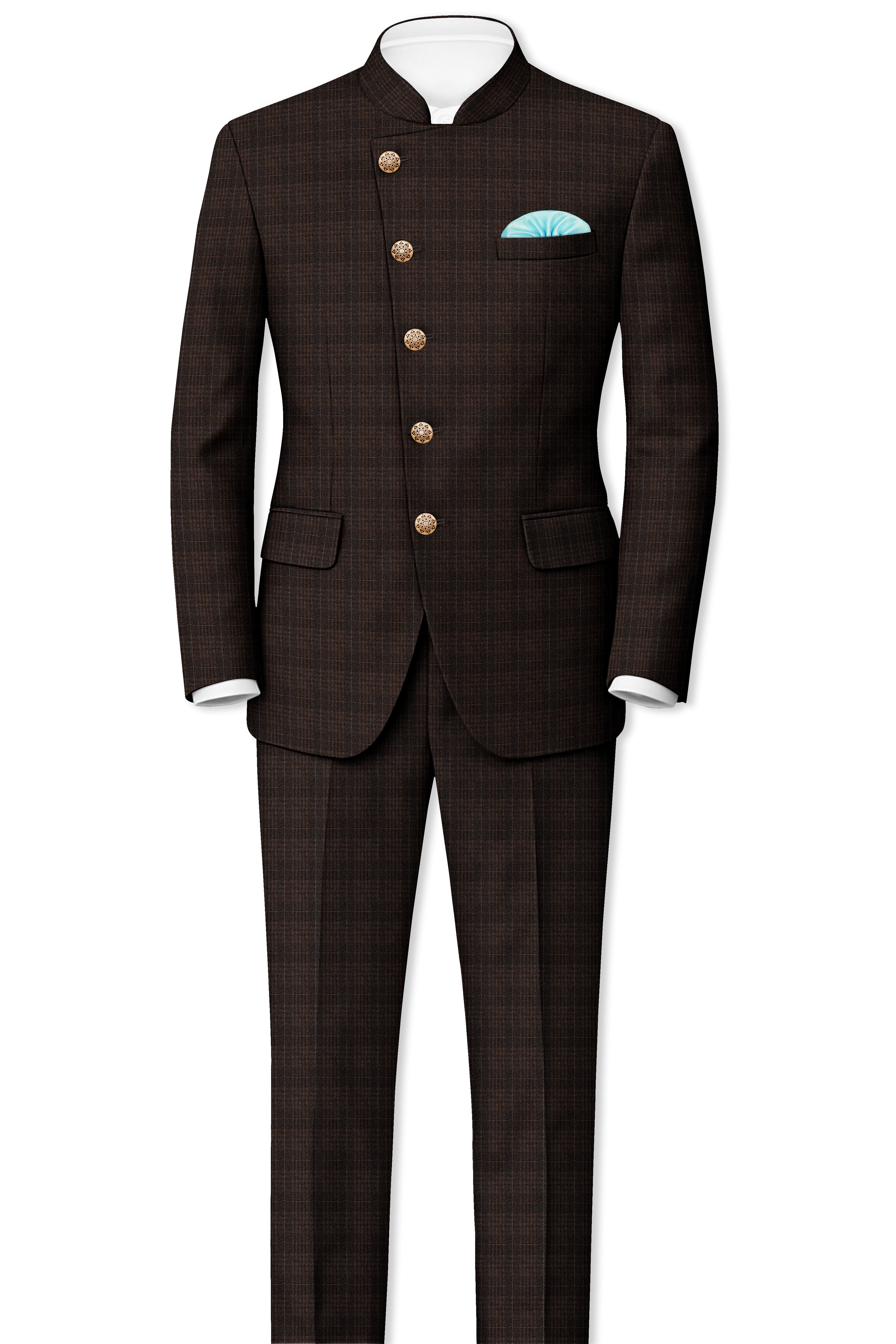 Birch Brown Plaid Cross Placket Bandhgala Blazer