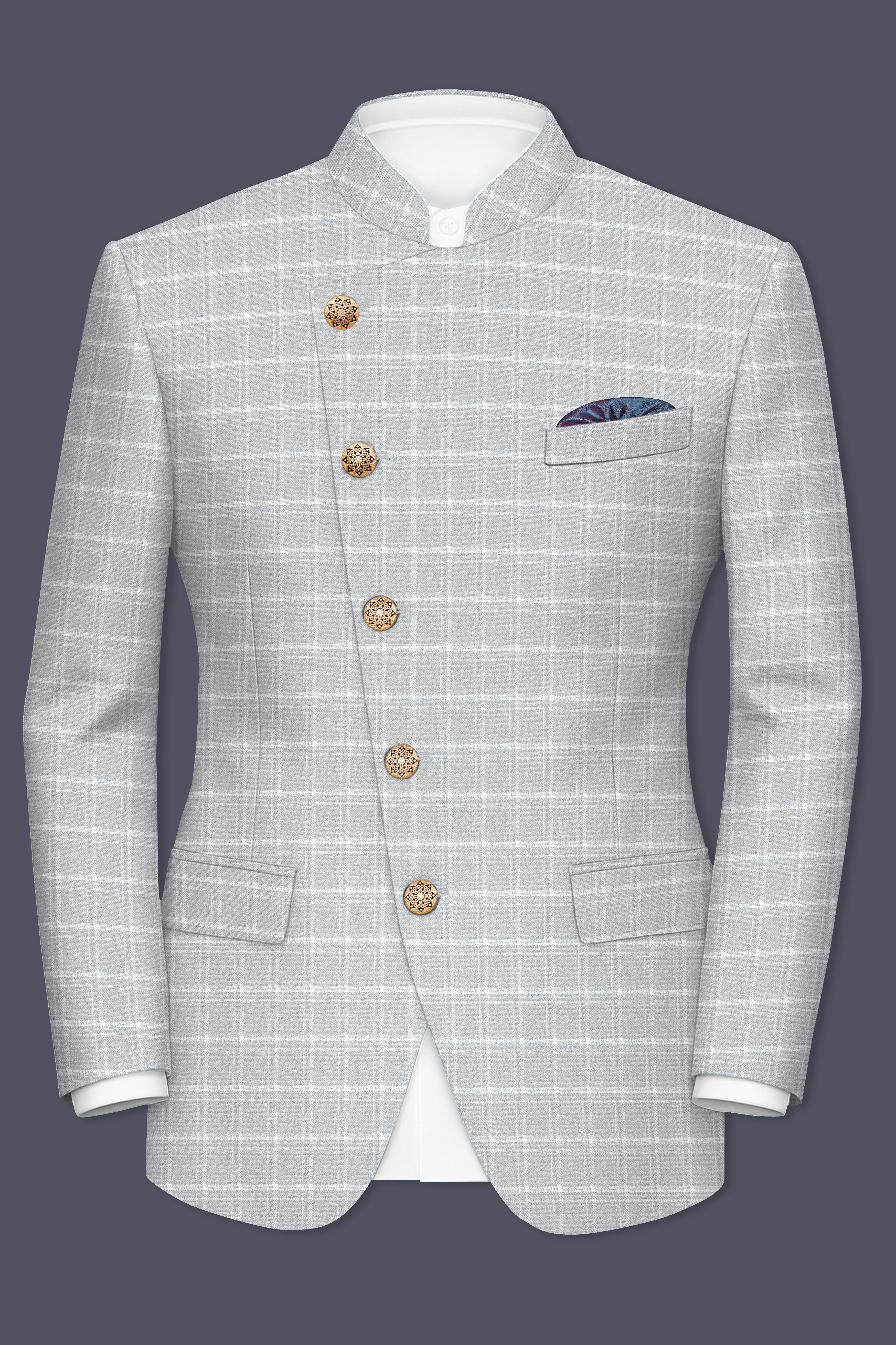 Bronco Light Gray Plaid Cross Placket Bandhgala Blazer