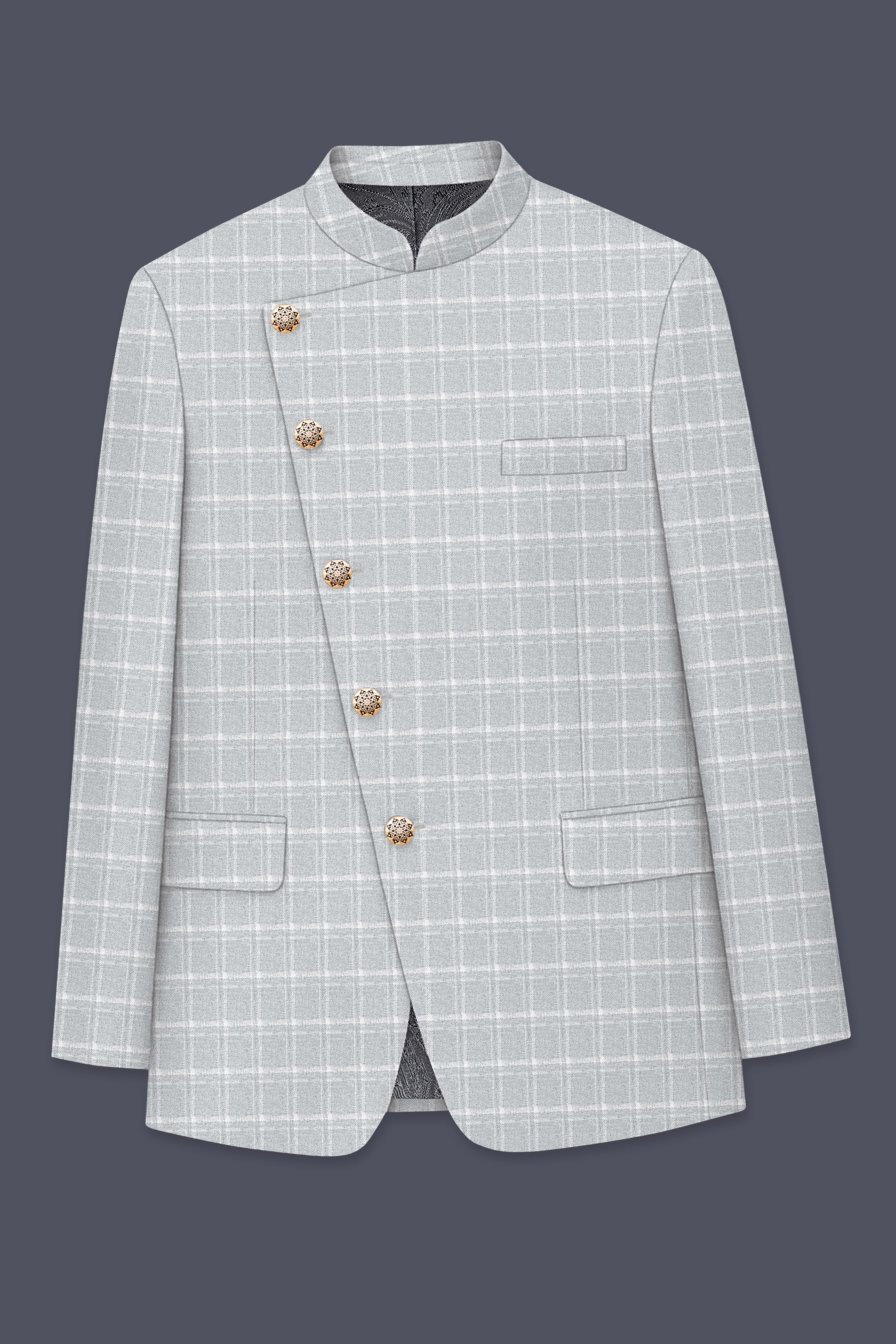 Bronco Light Gray Plaid Cross Placket Bandhgala Blazer