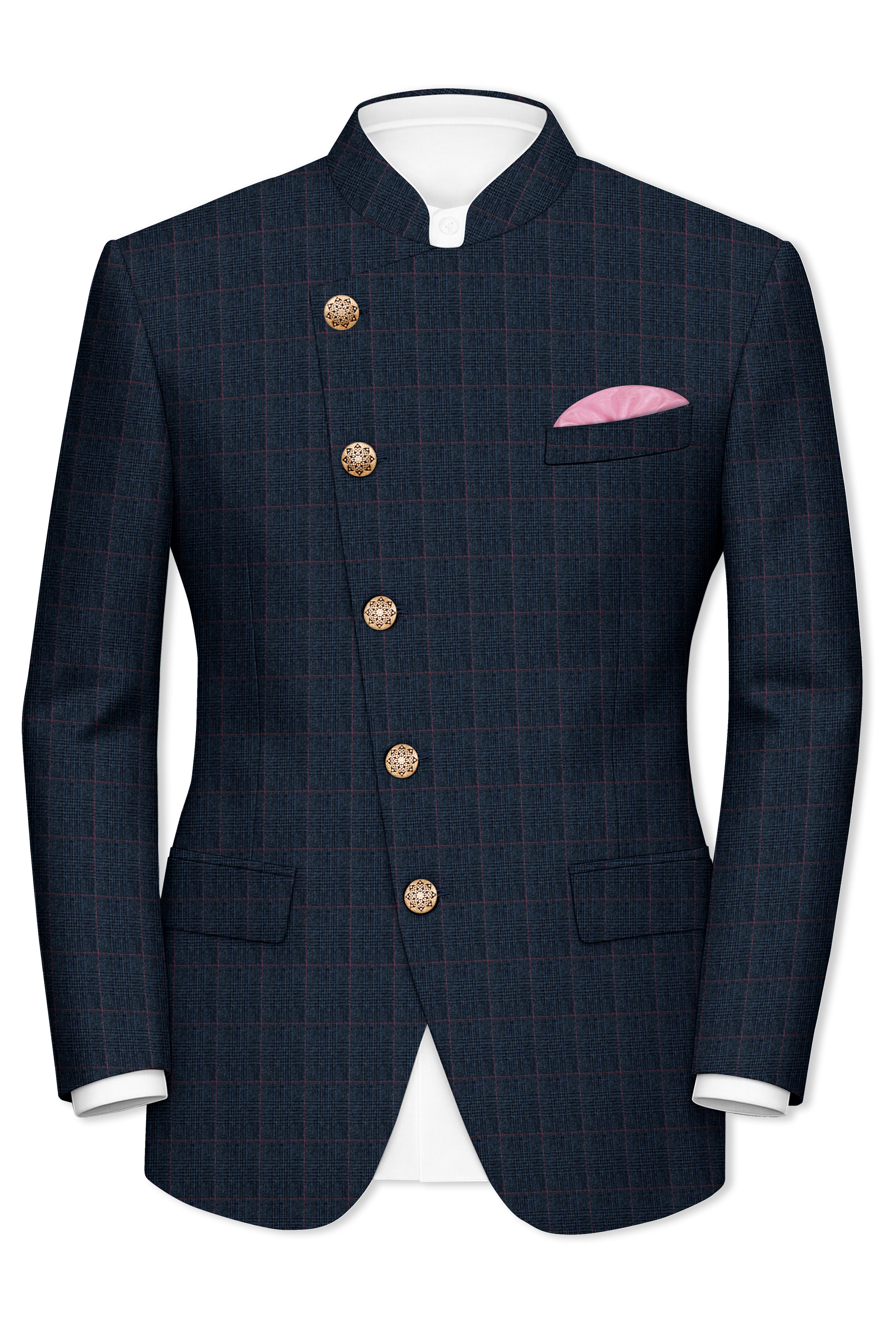 Ebony Subtle Plaid Cross Placket Bandhgala Blazer