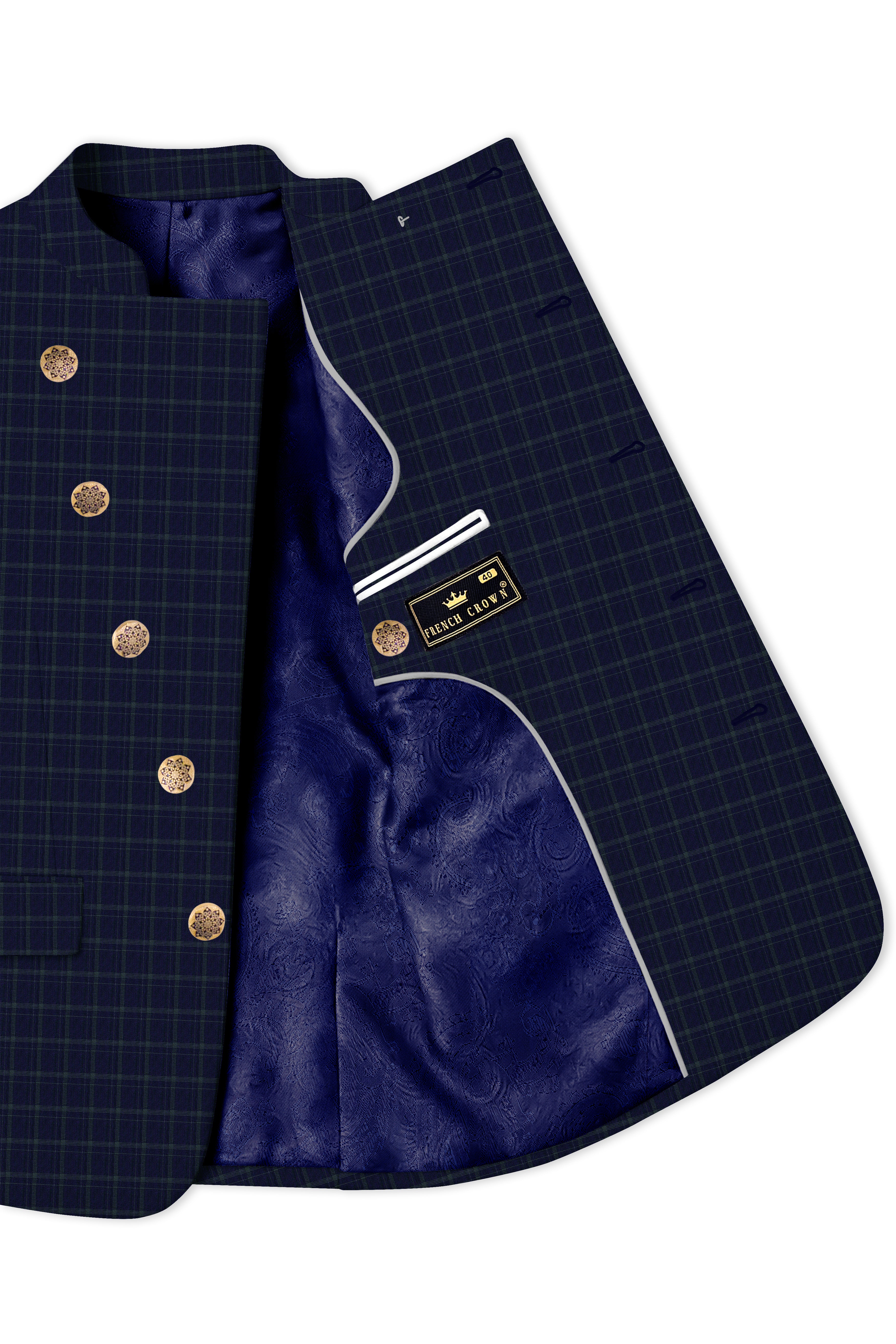Mulled Wine Blue With Casper Gray Checkered Cross Placket Bandhgala Blazer