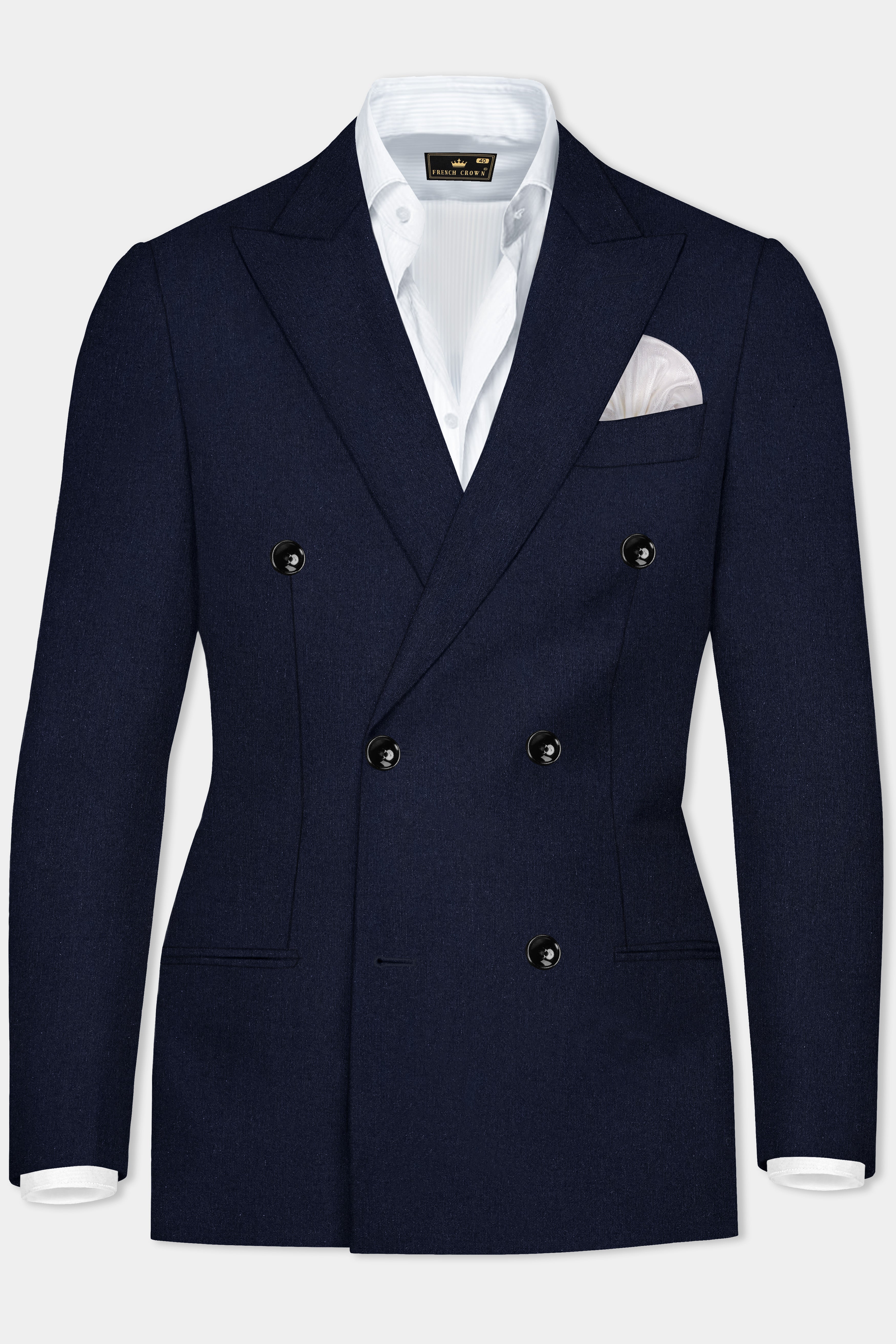 Tuna Navy Blue Textured Premium Terry Rayon Double-Breasted-Blazer