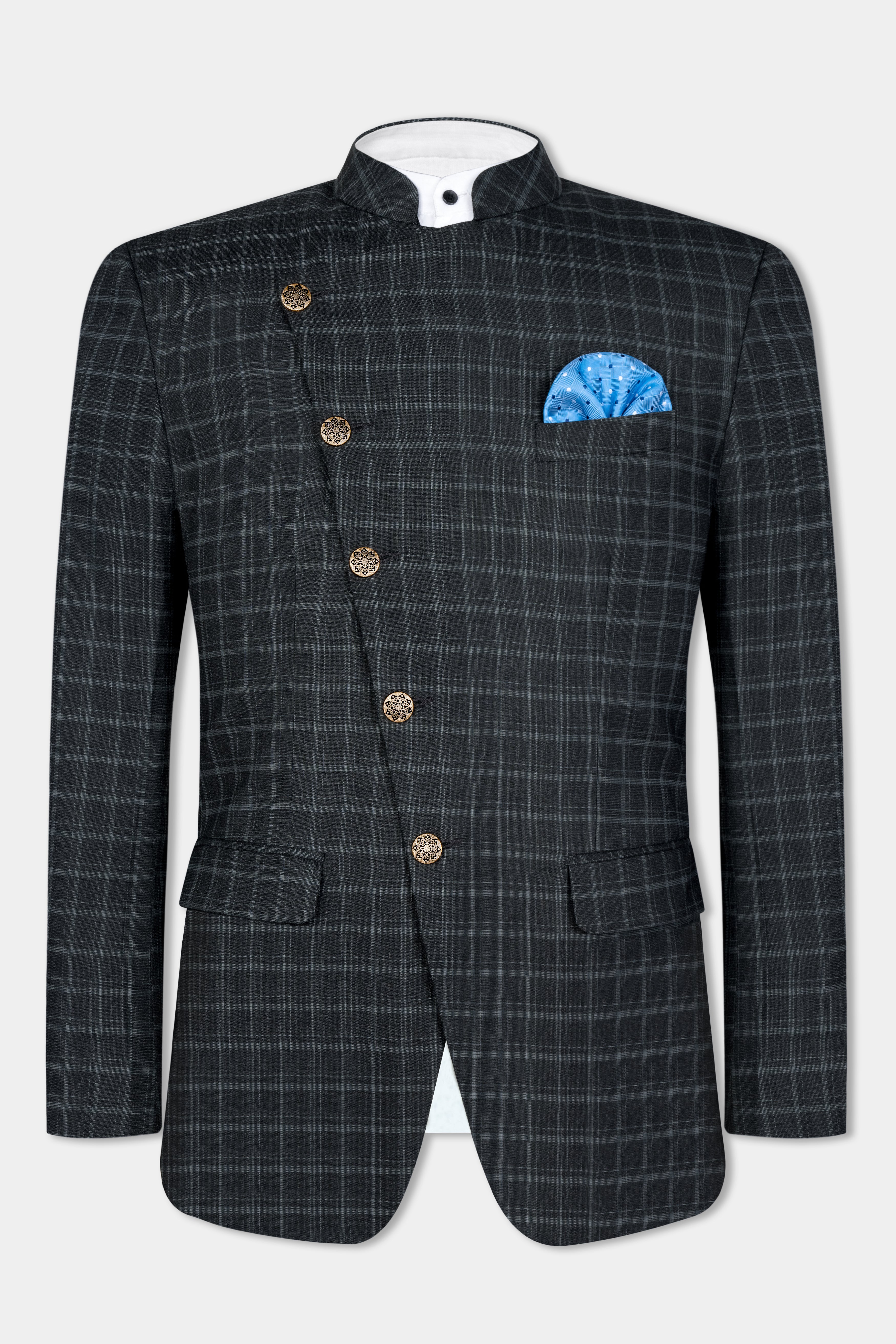 Cape God Gray Checks-Plaid Premium Terry Rayon Nehru Jackets
