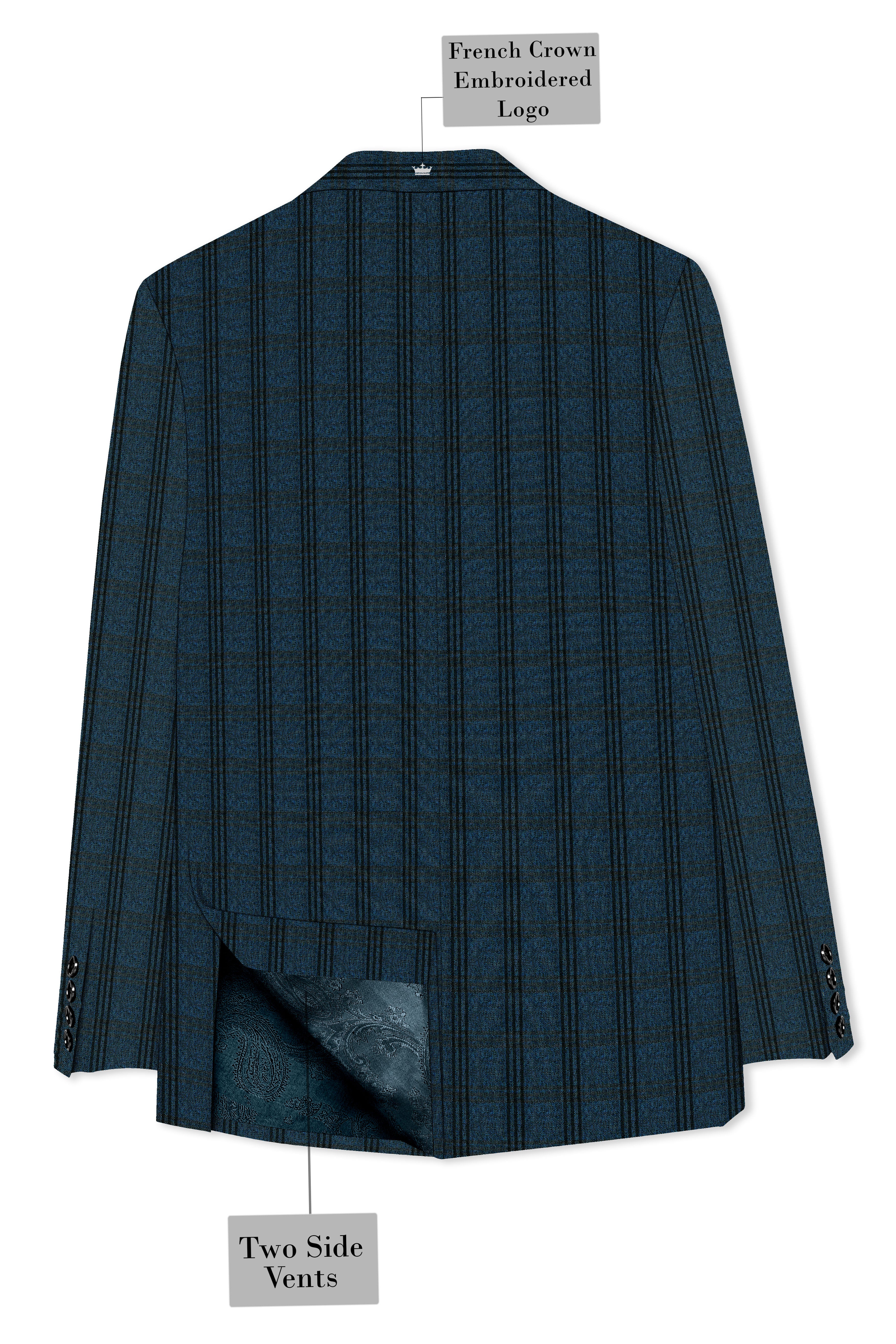 Sapphire Blue With Black Plaid Double Breasted Blazer