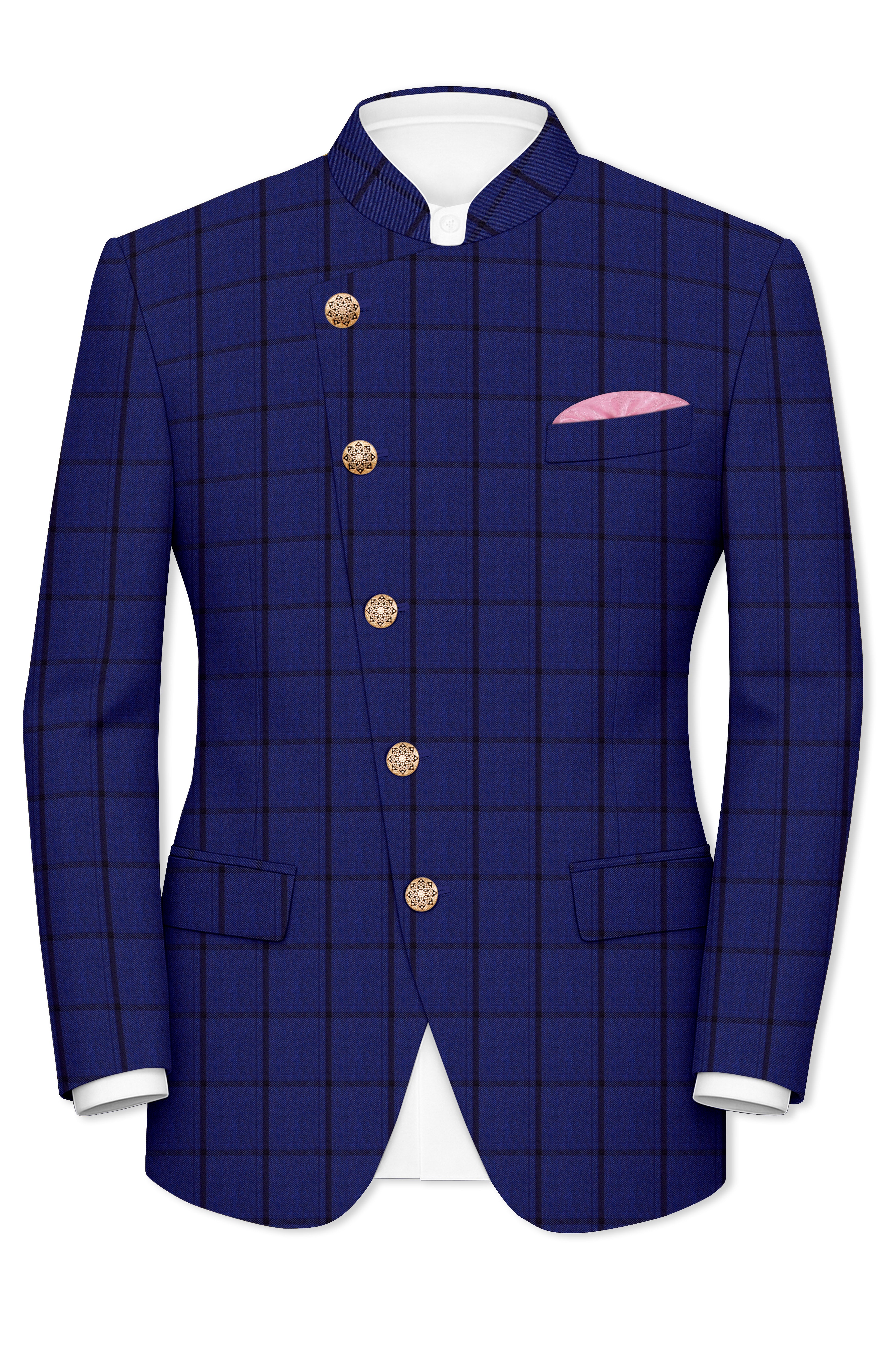 Dark Blue Windowpane Cross Placket Bandhgala Blazer