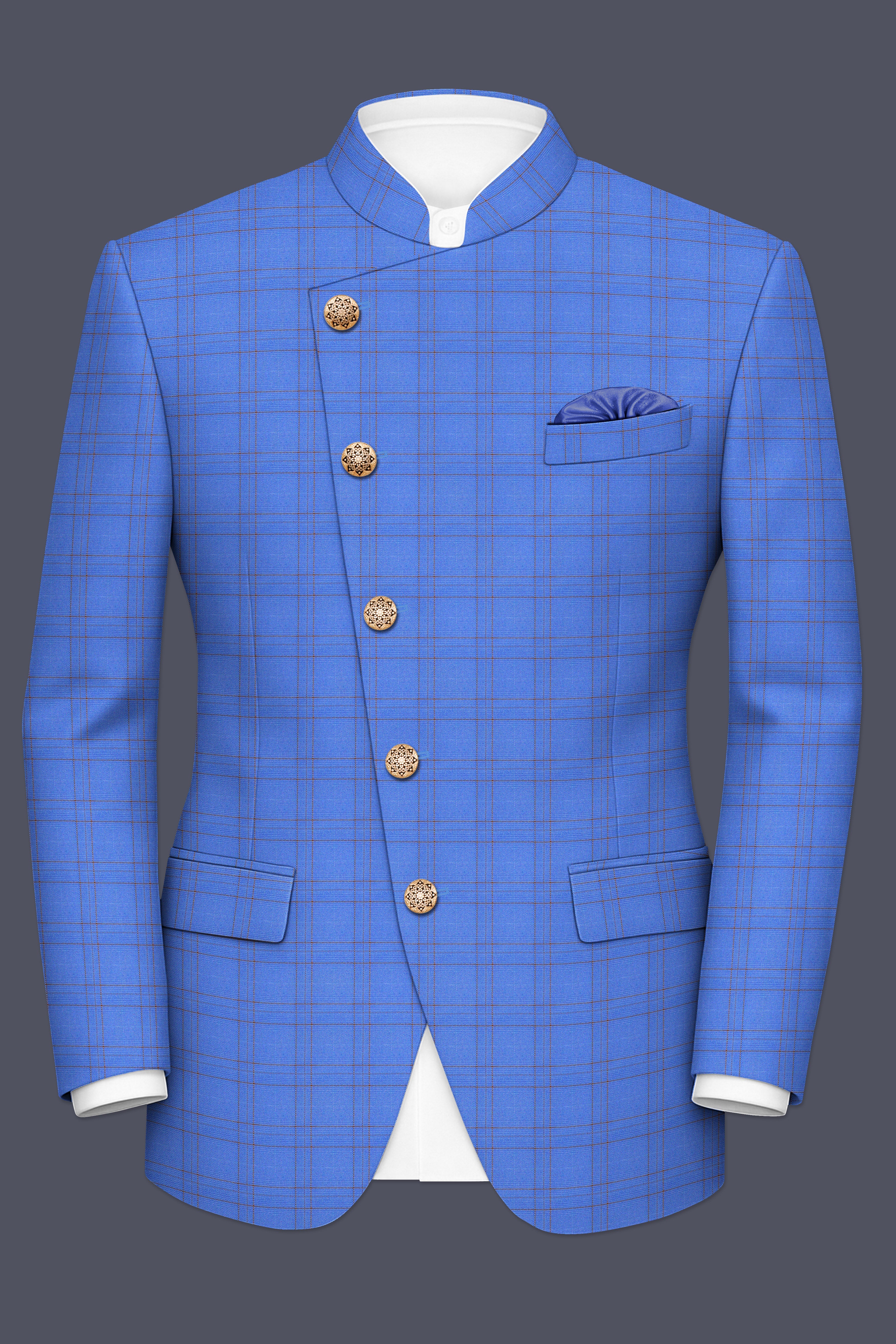 Scampi Blue With Pickled Brown Plaid Cross Placket Bandhgala Blazer