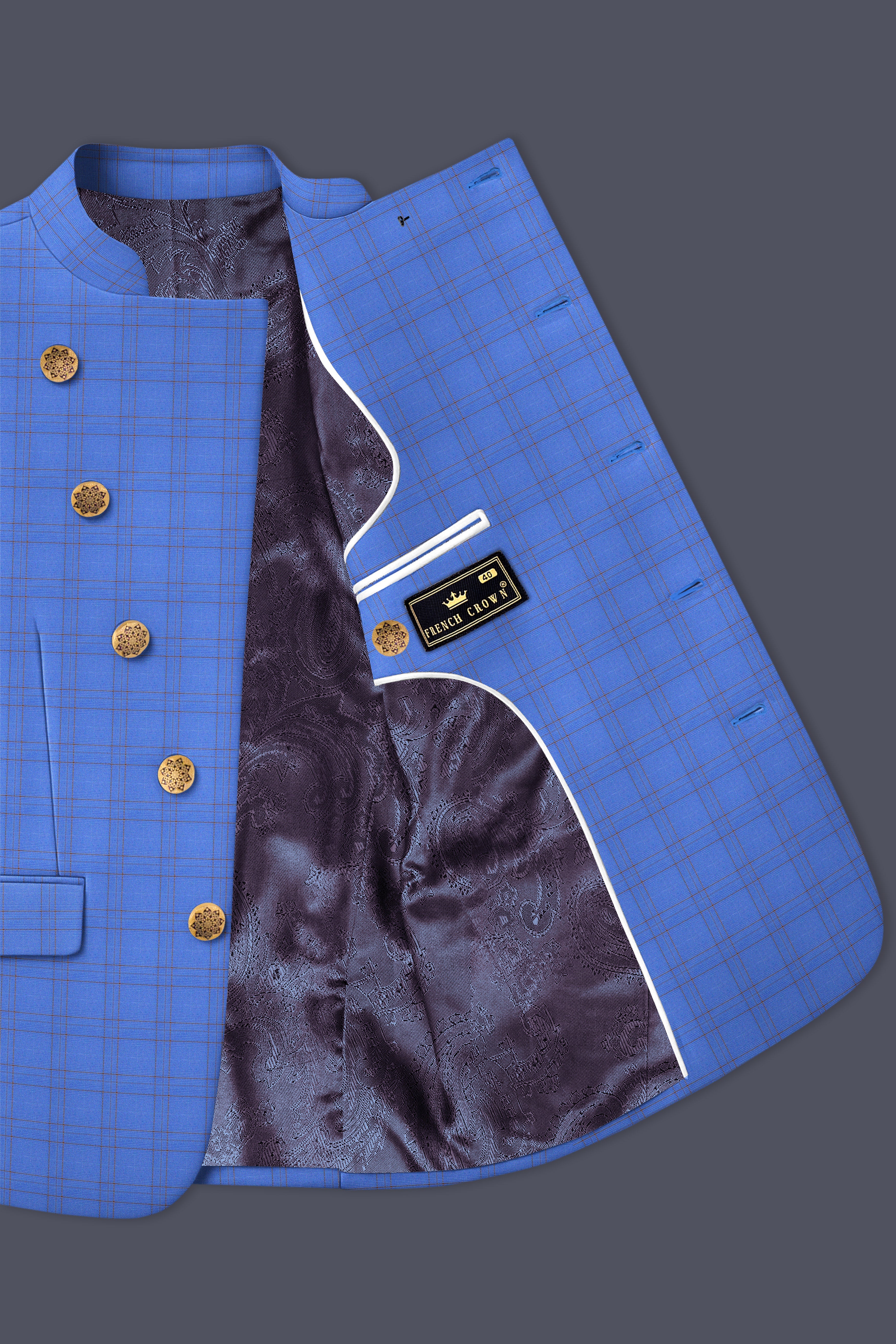 Scampi Blue With Pickled Brown Plaid Cross Placket Bandhgala Blazer