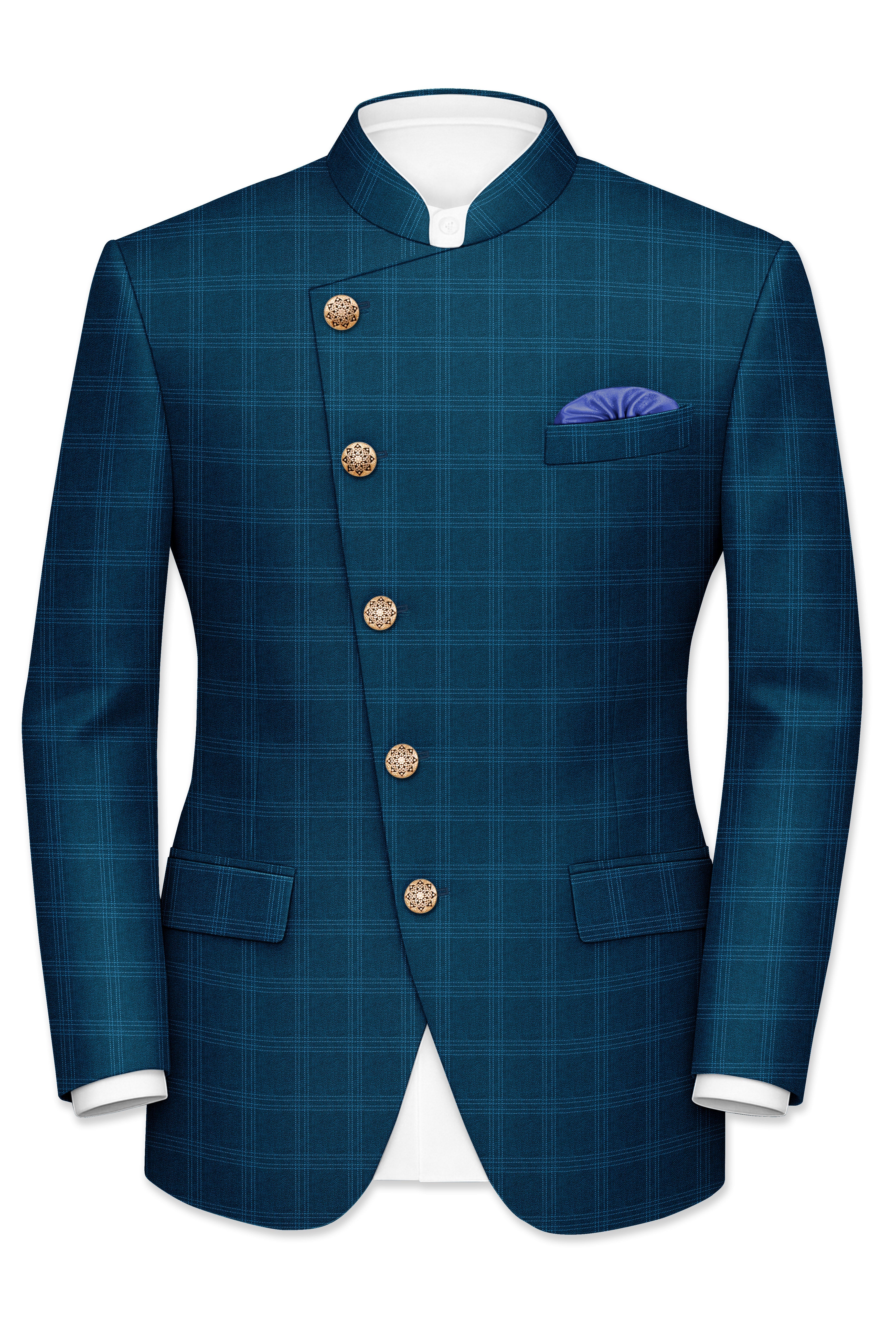 Cloud Burst Sea Green Windowpane Cross Placket Bandhgala Blazer