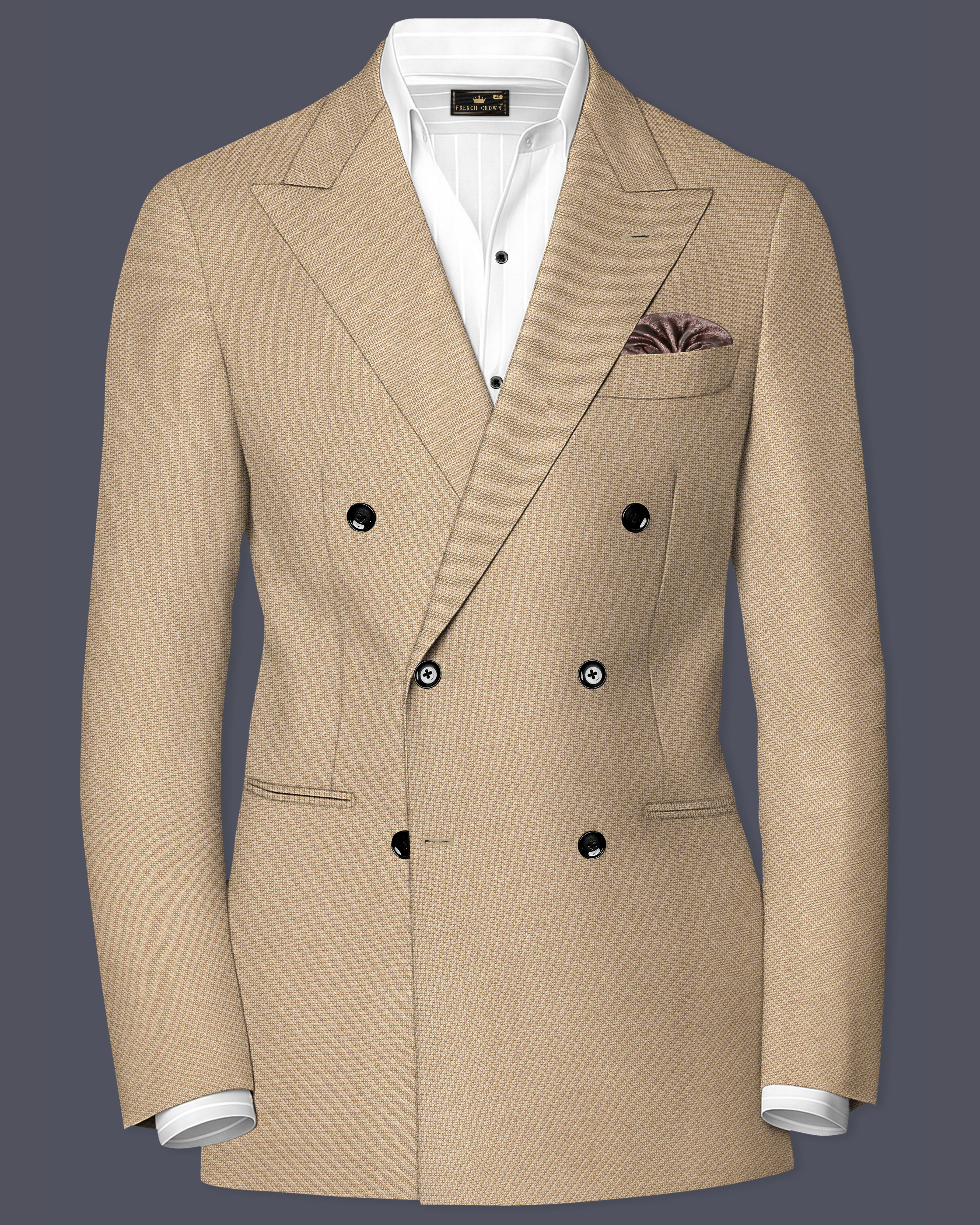 Tallow Brown Textured Premium Terry Rayon Double-Breasted-Blazers