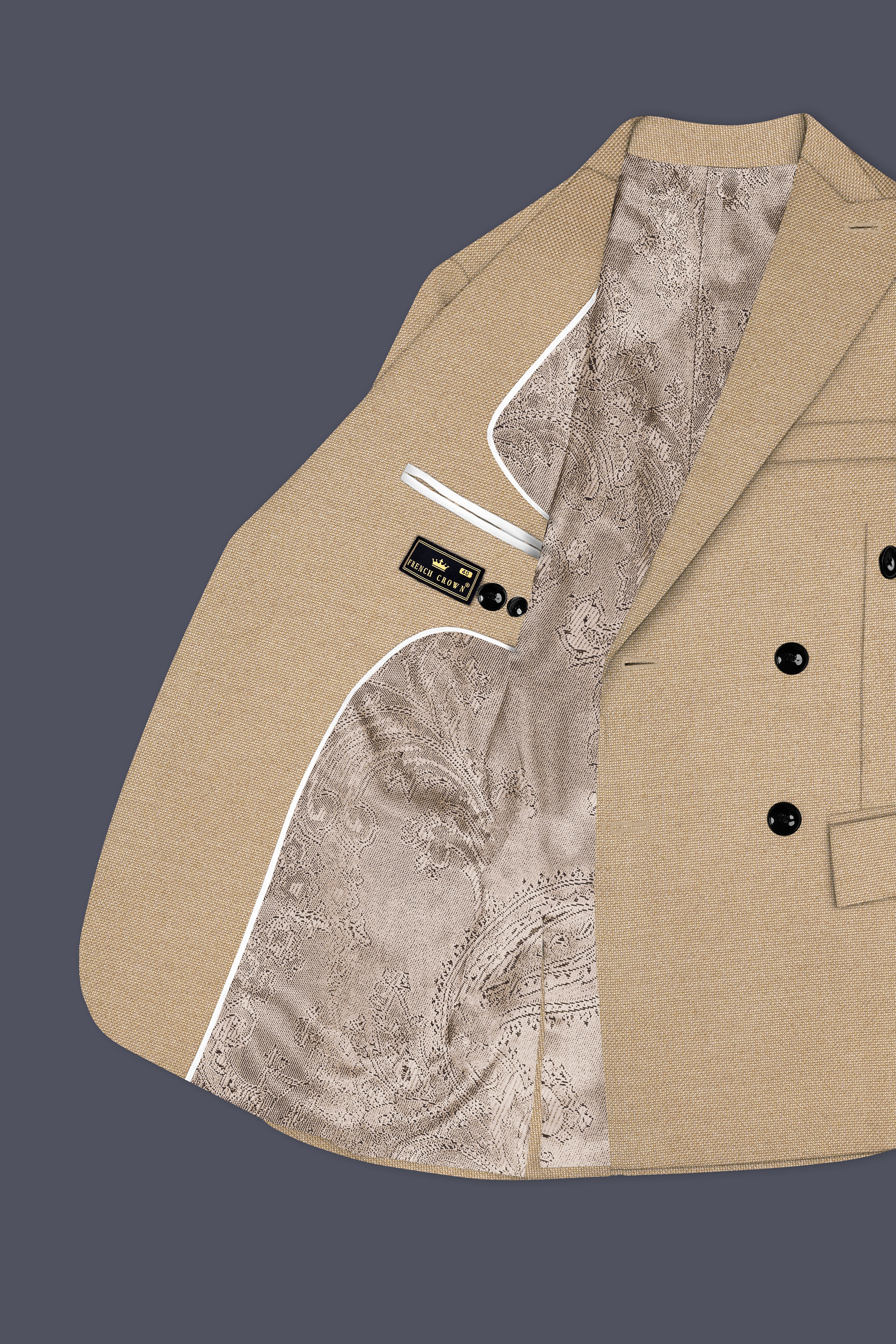 Tallow Brown Textured Premium Terry Rayon Double-Breasted-Blazers