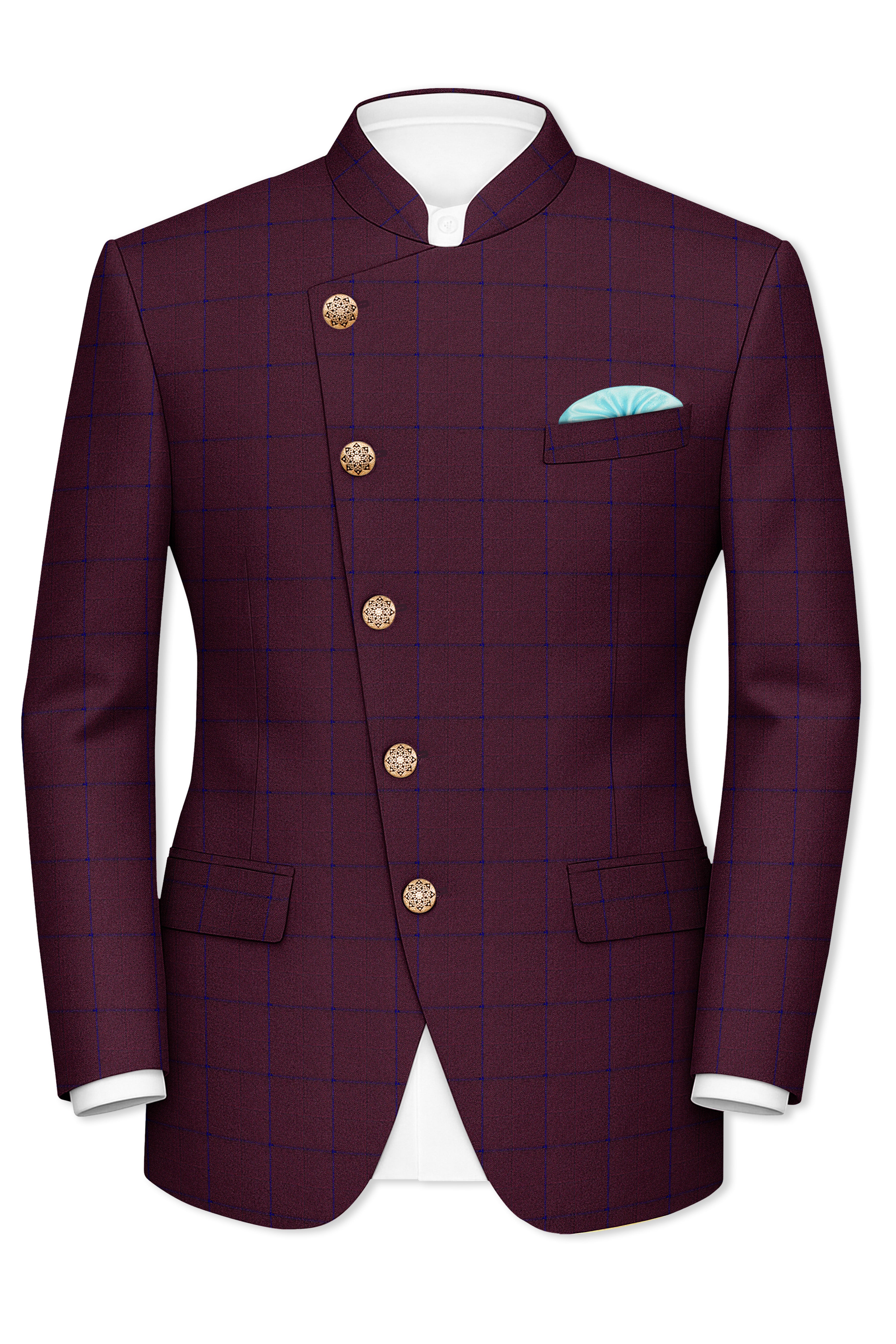 Wine Berry With Haiti Blue Windowpane Cross Placket Bandhgala Blazer