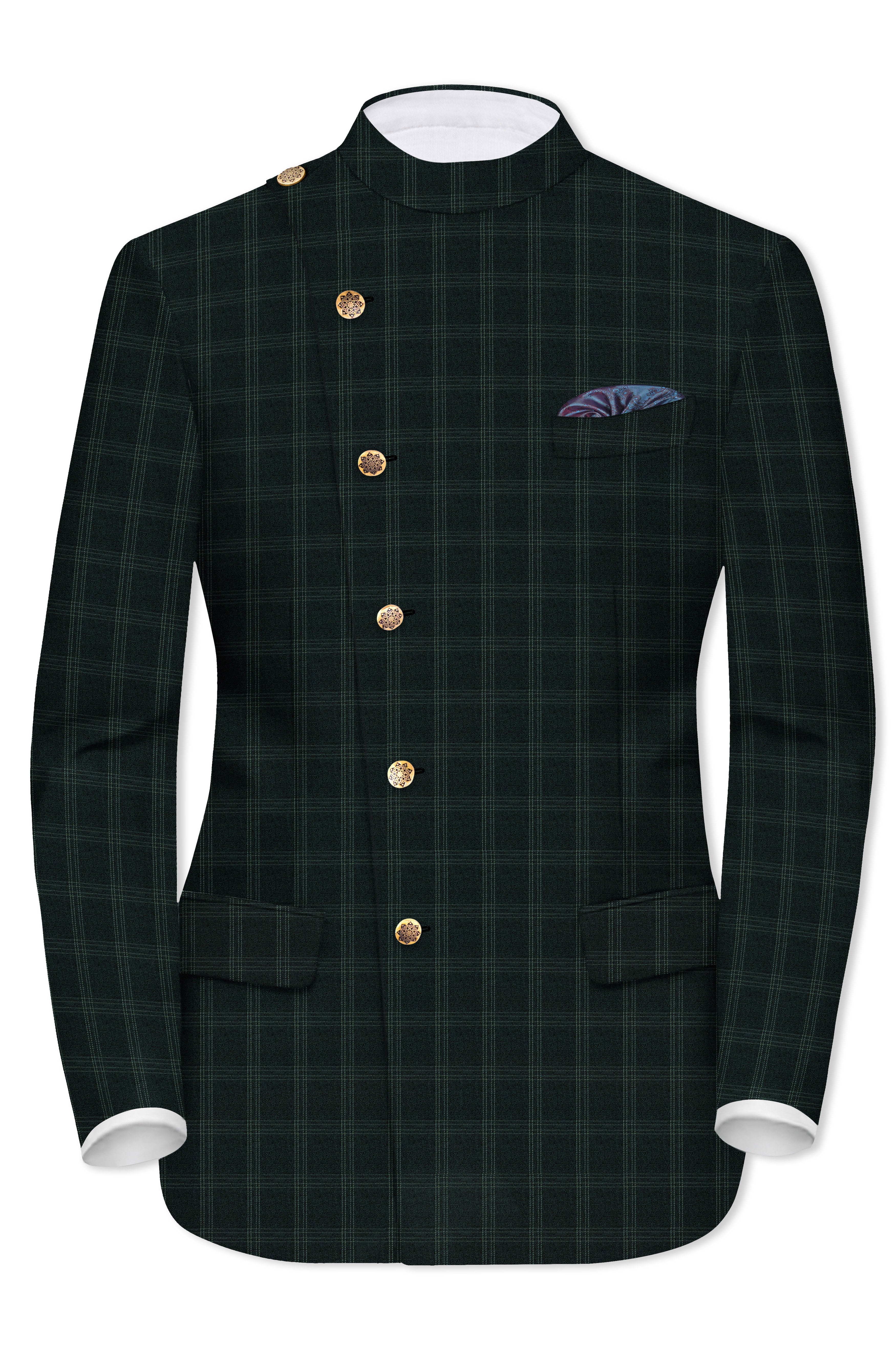Zeus Green Plaid Cross Placket Bandhgala Blazer