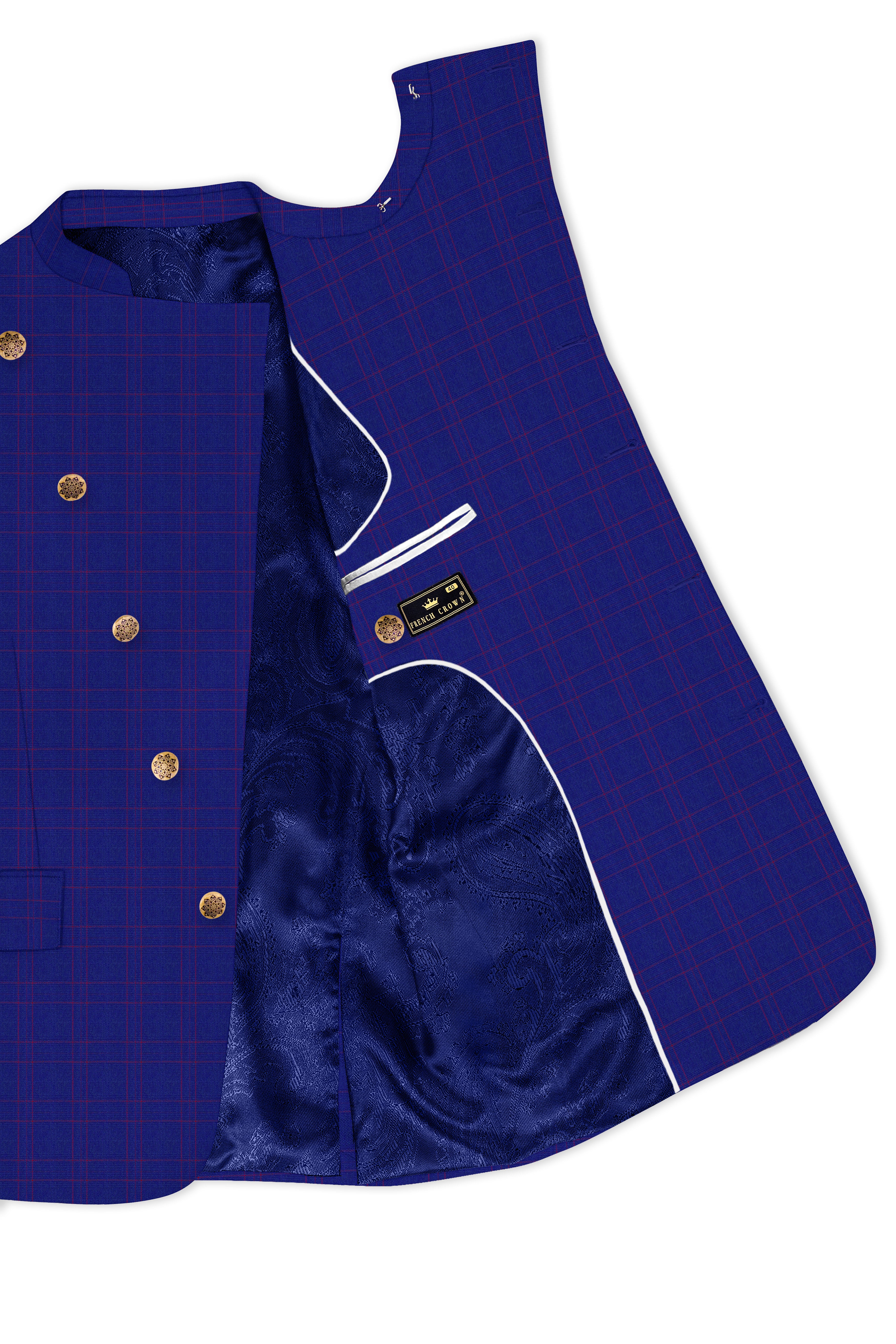 Christalle Blue with Fuchsia Pink Windoepane Cross Placket Bandhgala Blazer