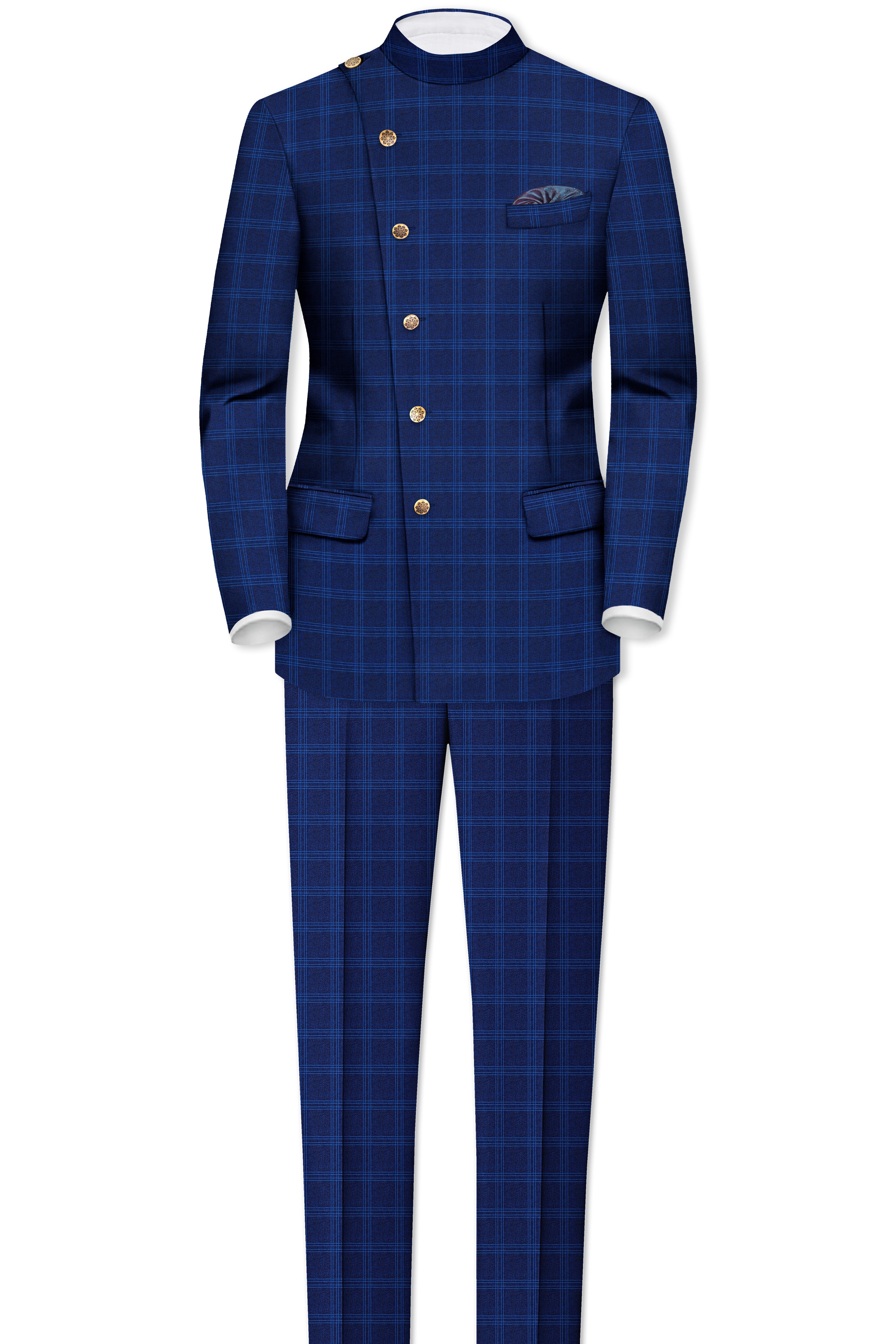 Baltic Sea Blue Windowpane Cross Placket Bandhgala Blazer