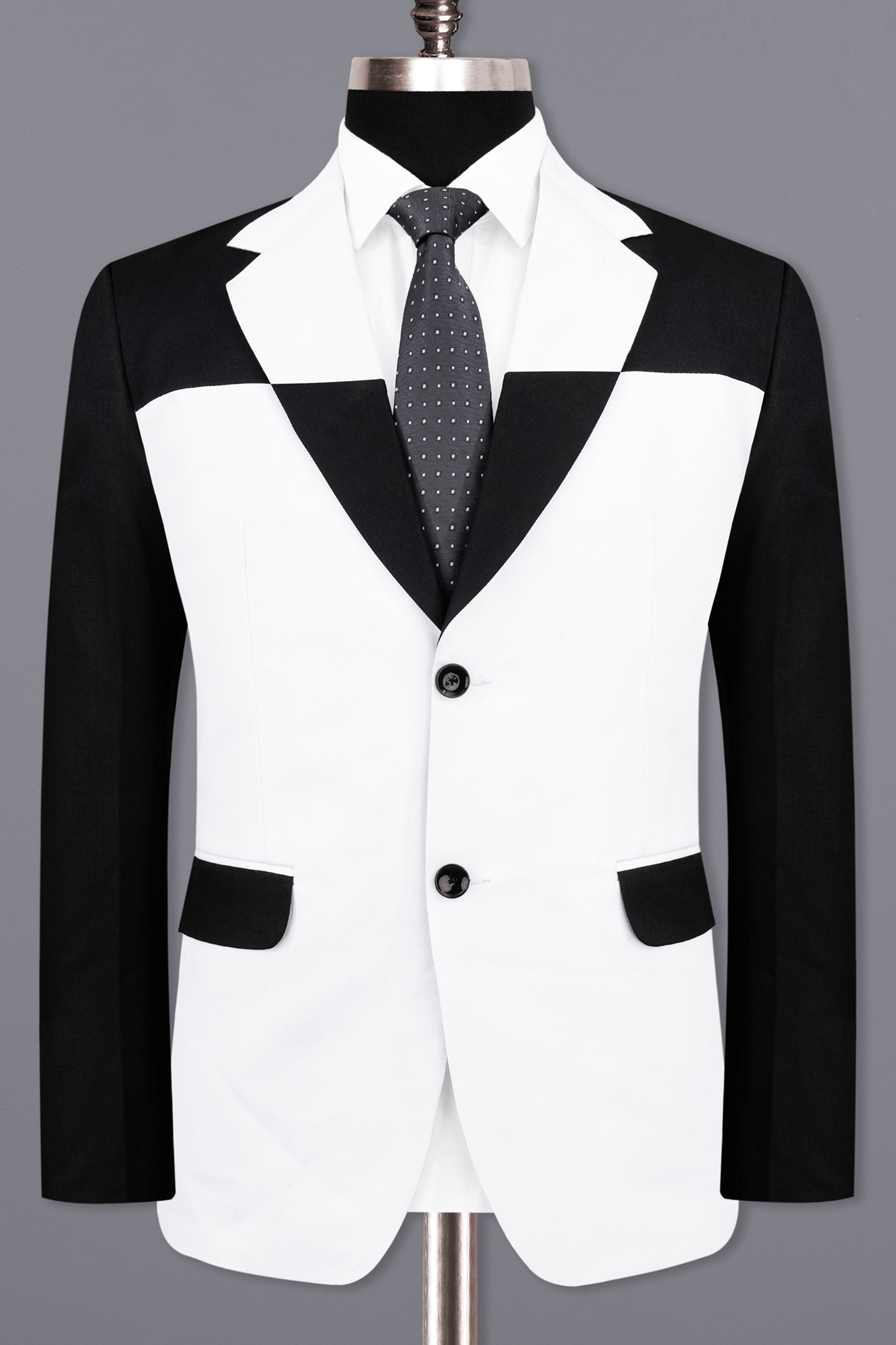 Bright White Stretchable Subtle Sheen and Black Single Breasted Designer Block Blazer