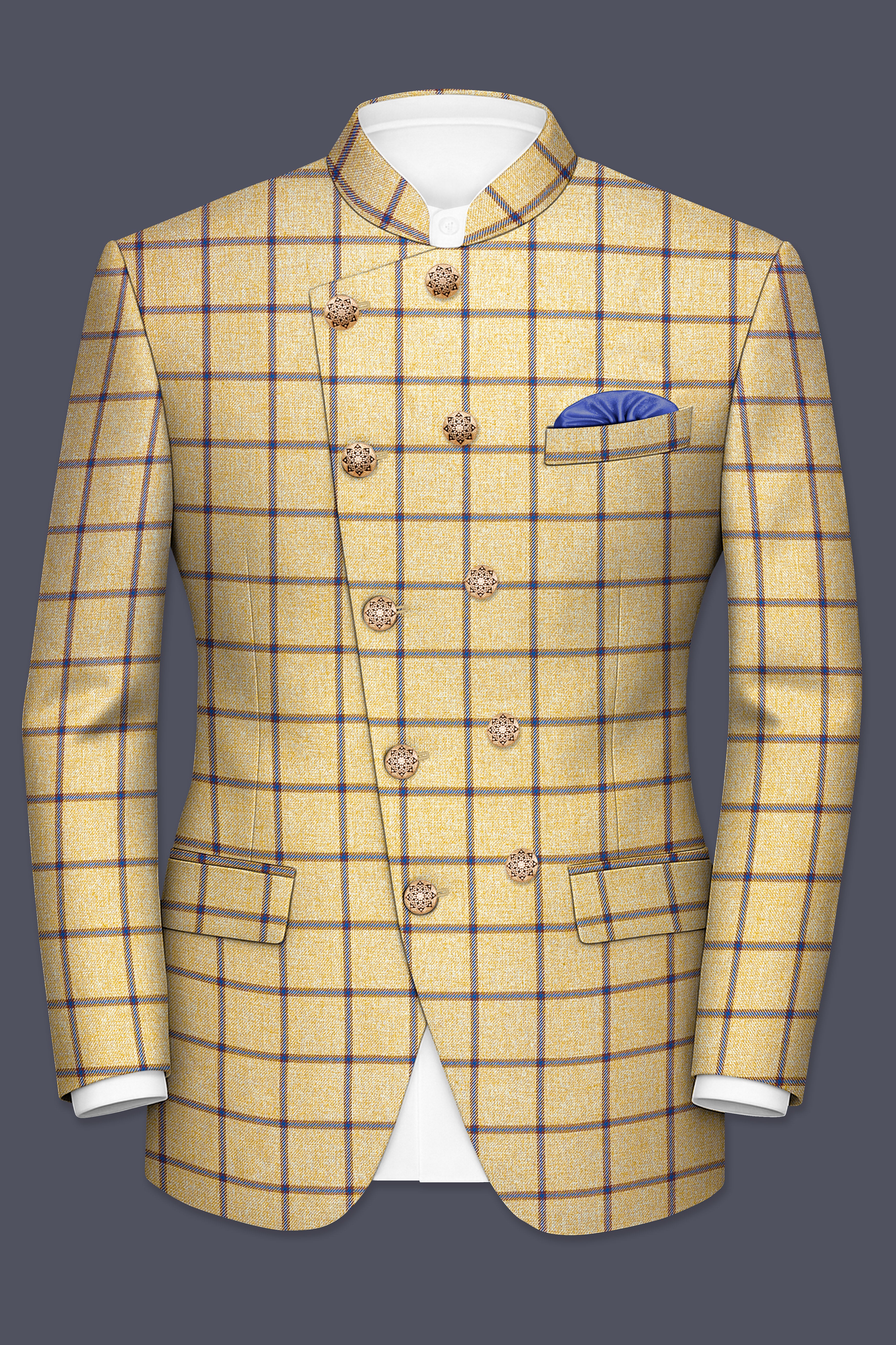 Mongoose Brown with Dianne Blue Windowpane Cross Placket Bandhgala Blazer