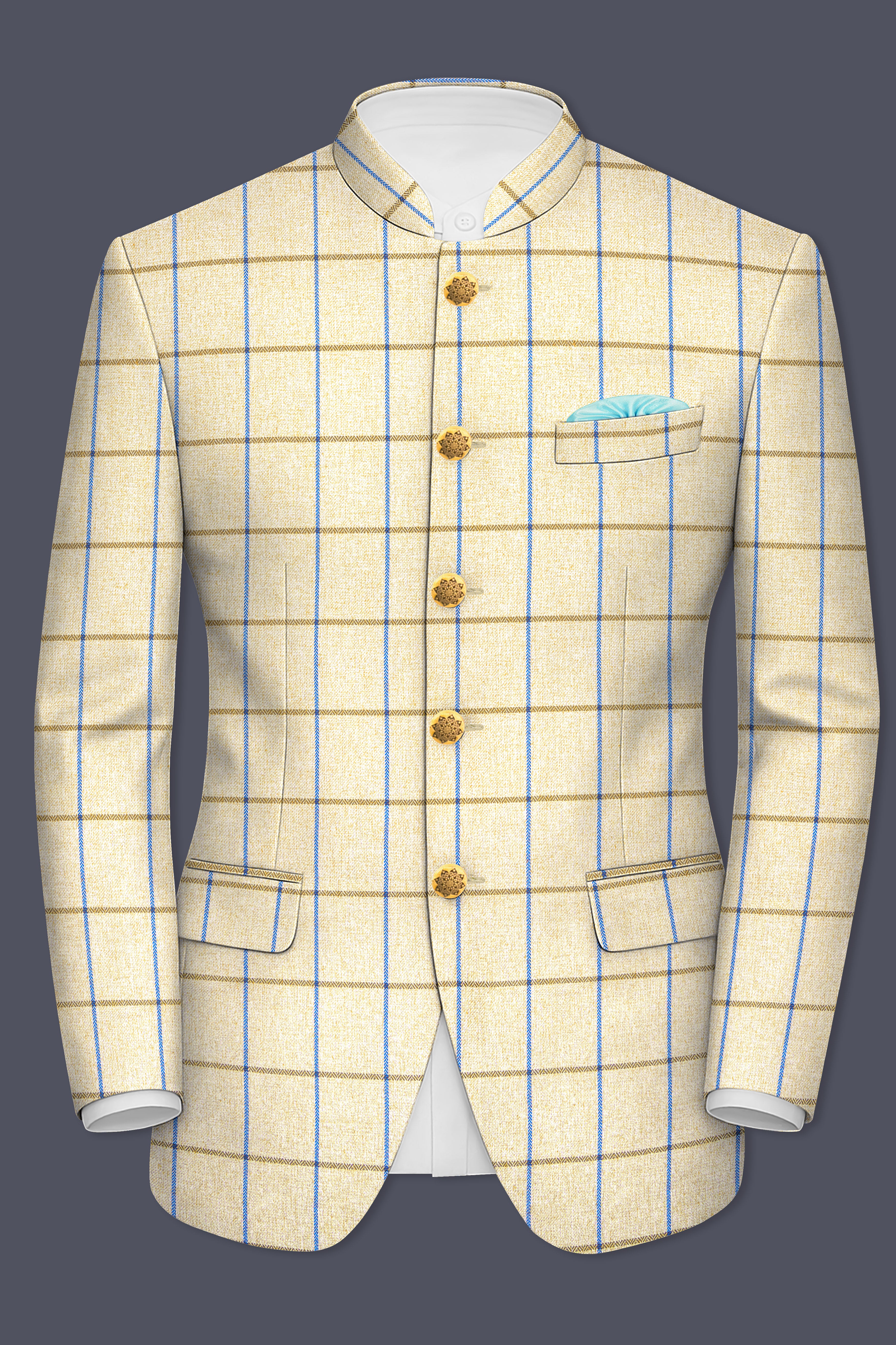 Mushroom Light Brown Checkered Bandhgala Blazer