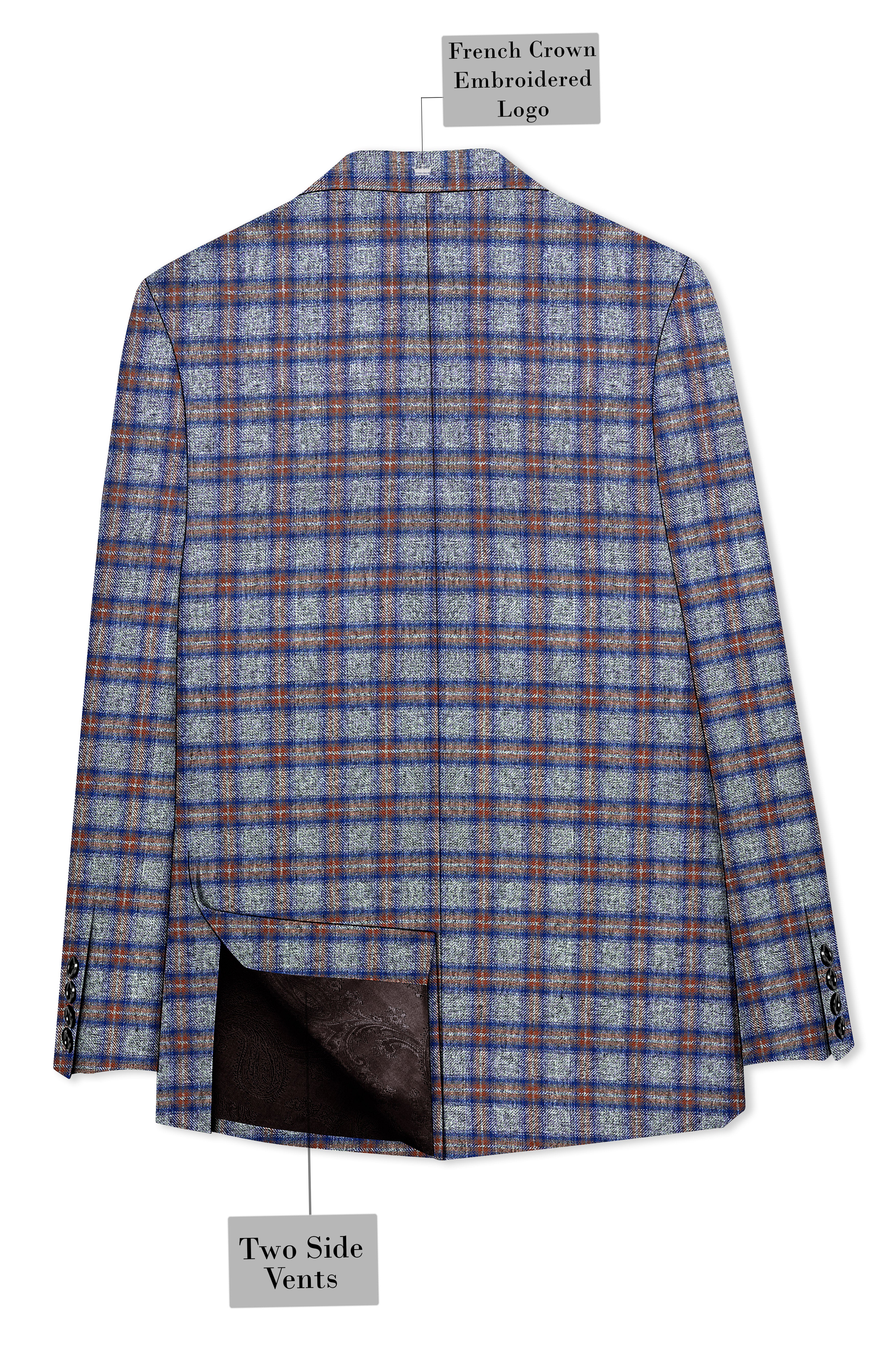 Fuscous Gray Checkered Single Breasted Black Lapel Designer Blazer