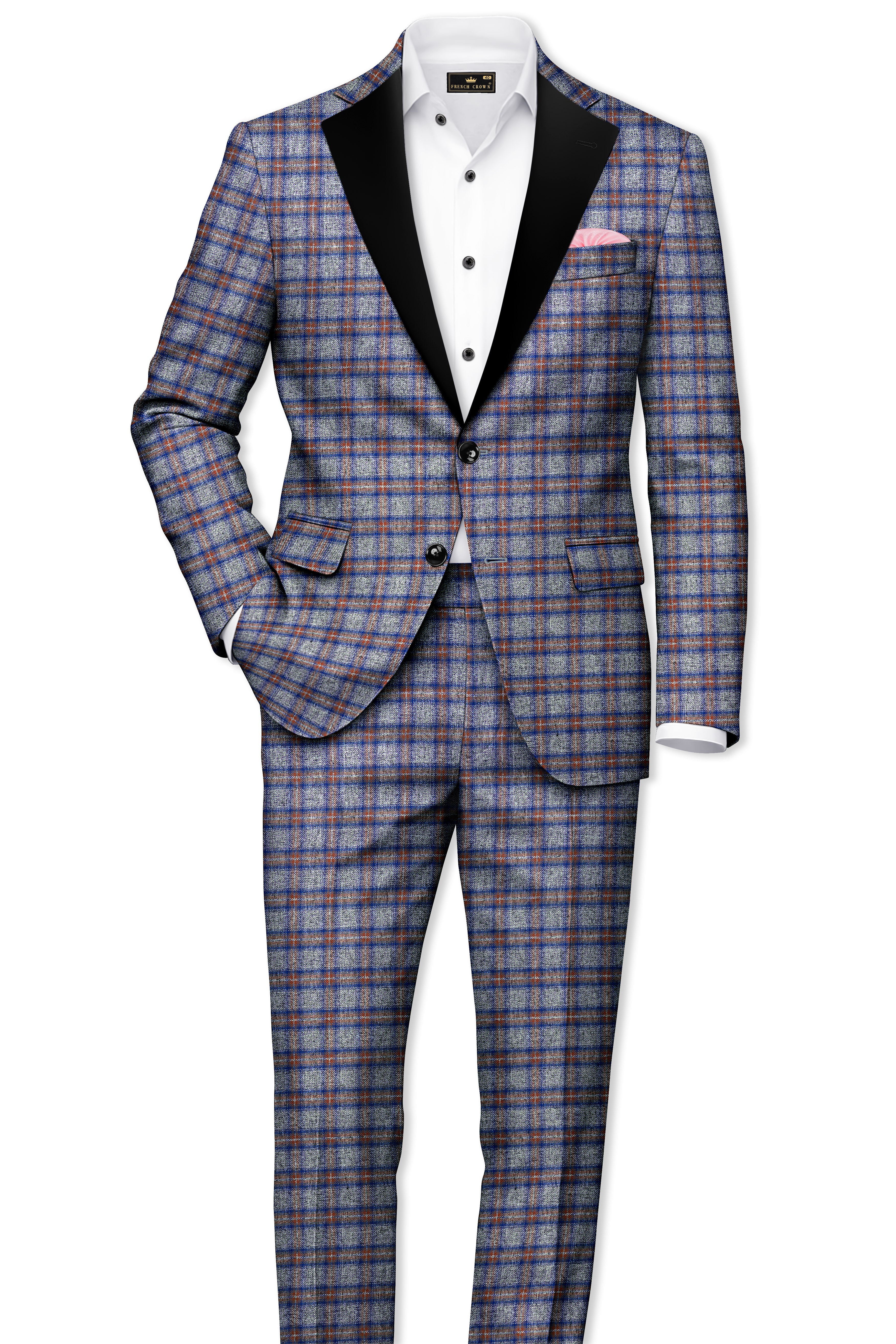 Fuscous Gray Checkered Single Breasted Black Lapel Designer Blazer