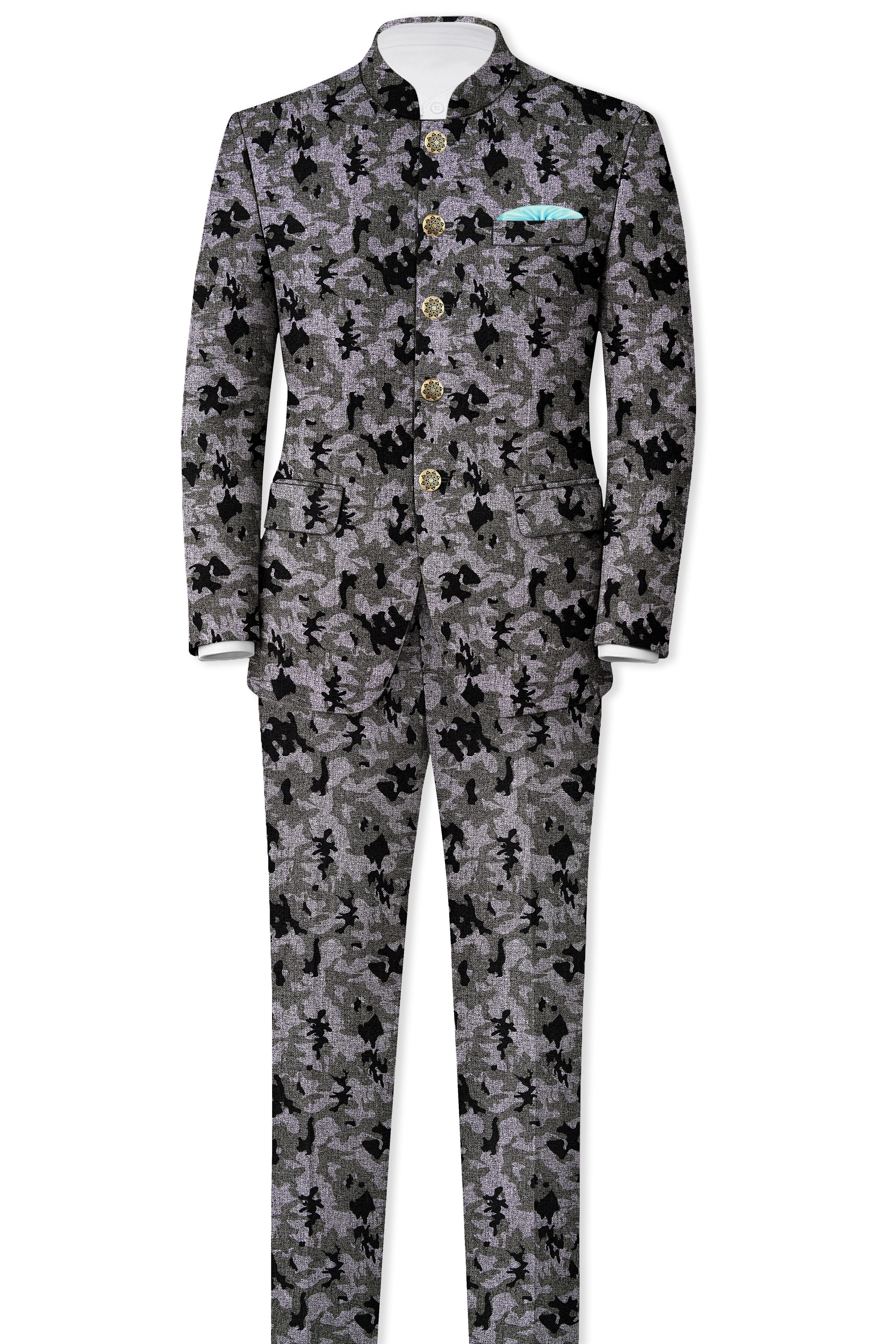 Merlin Green with Scorpion Gray Chintz Printed Bandhgala Designer Blazer