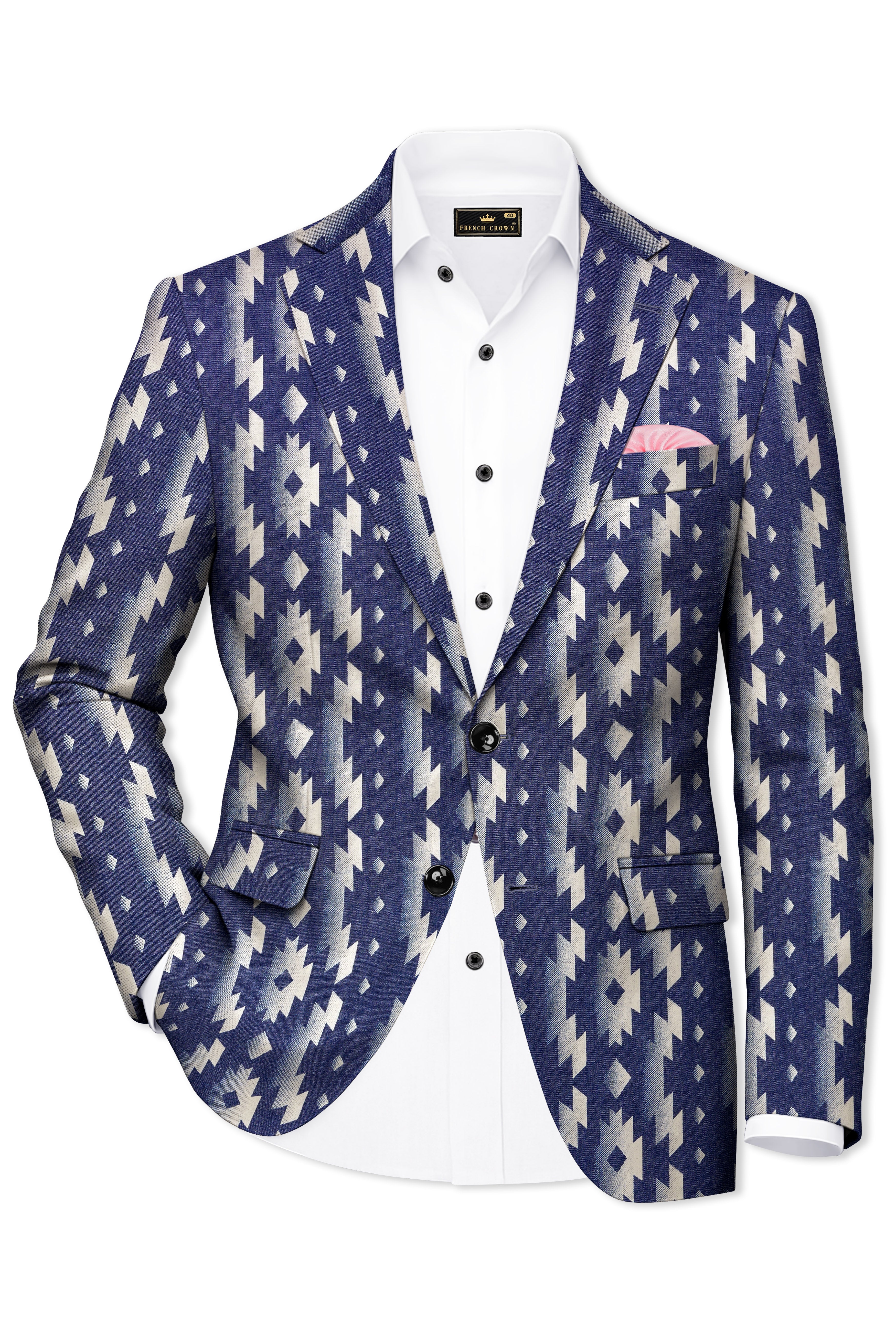 Gunmetal Blue with Nobel Cream Iktat Printed Denim Premium Cotton Designer Blazer