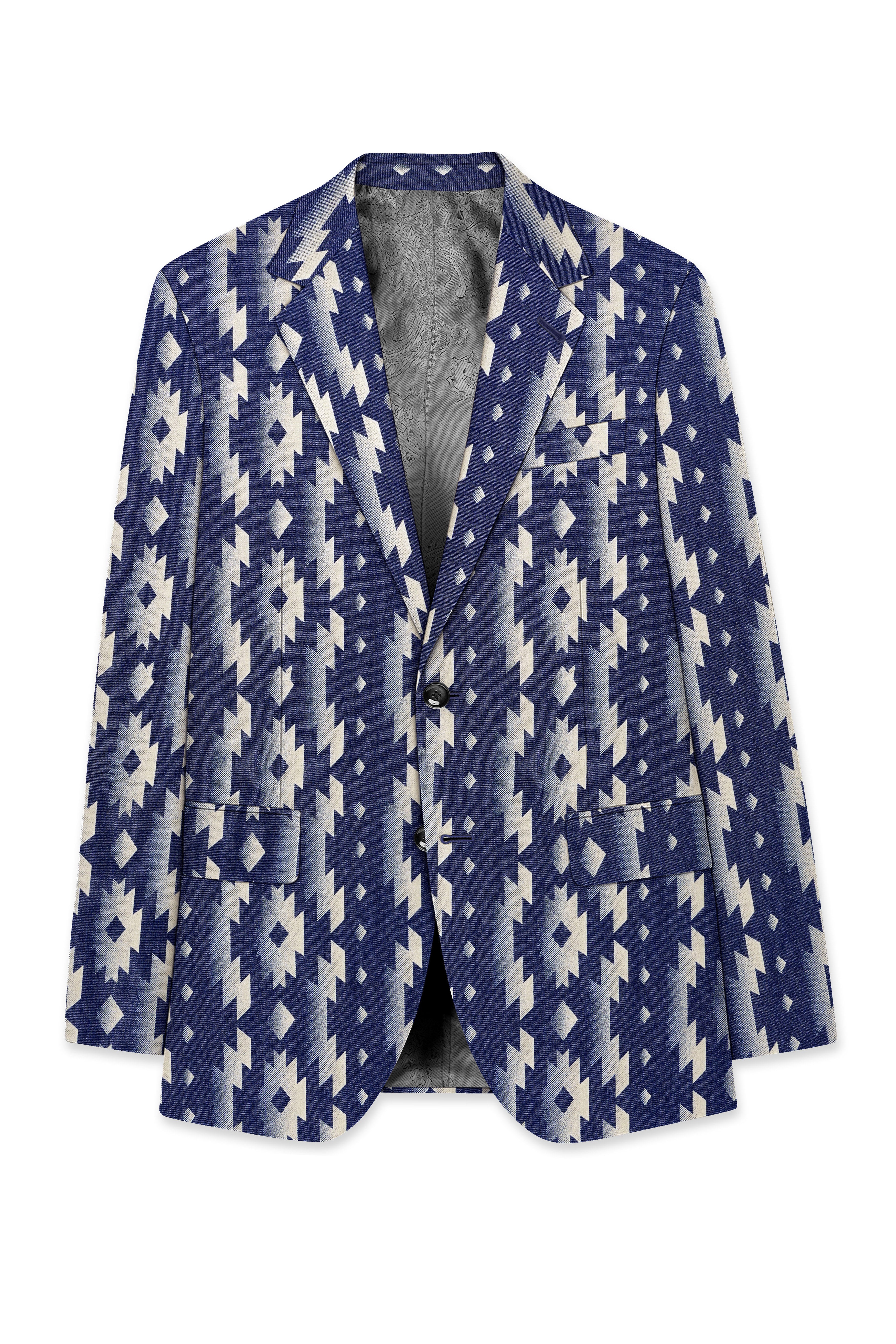 Gunmetal Blue with Nobel Cream Iktat Printed Denim Premium Cotton Designer Blazer