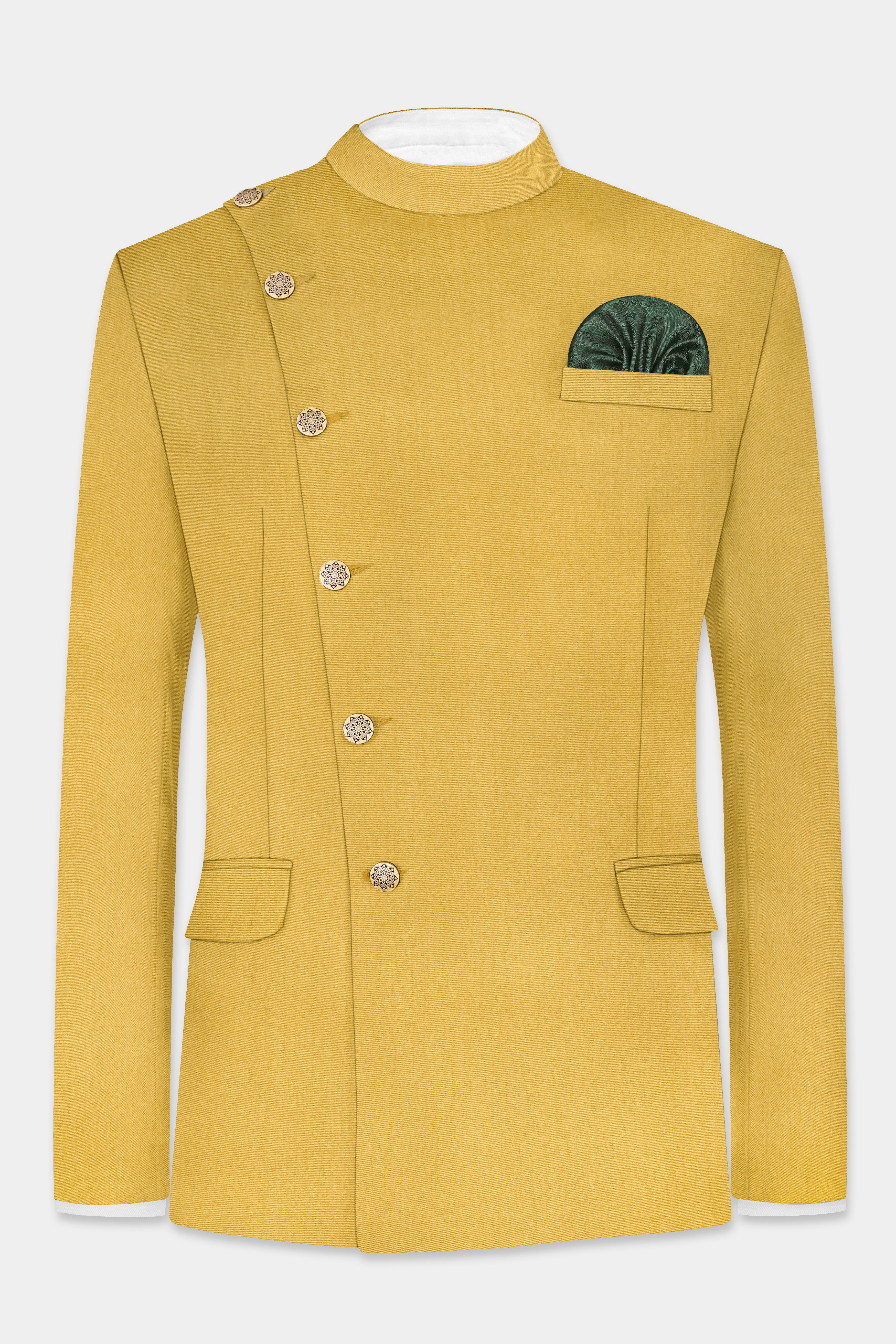 Sycamore Yellow Premium Cotton Cross Placket Bandhgala Blazer