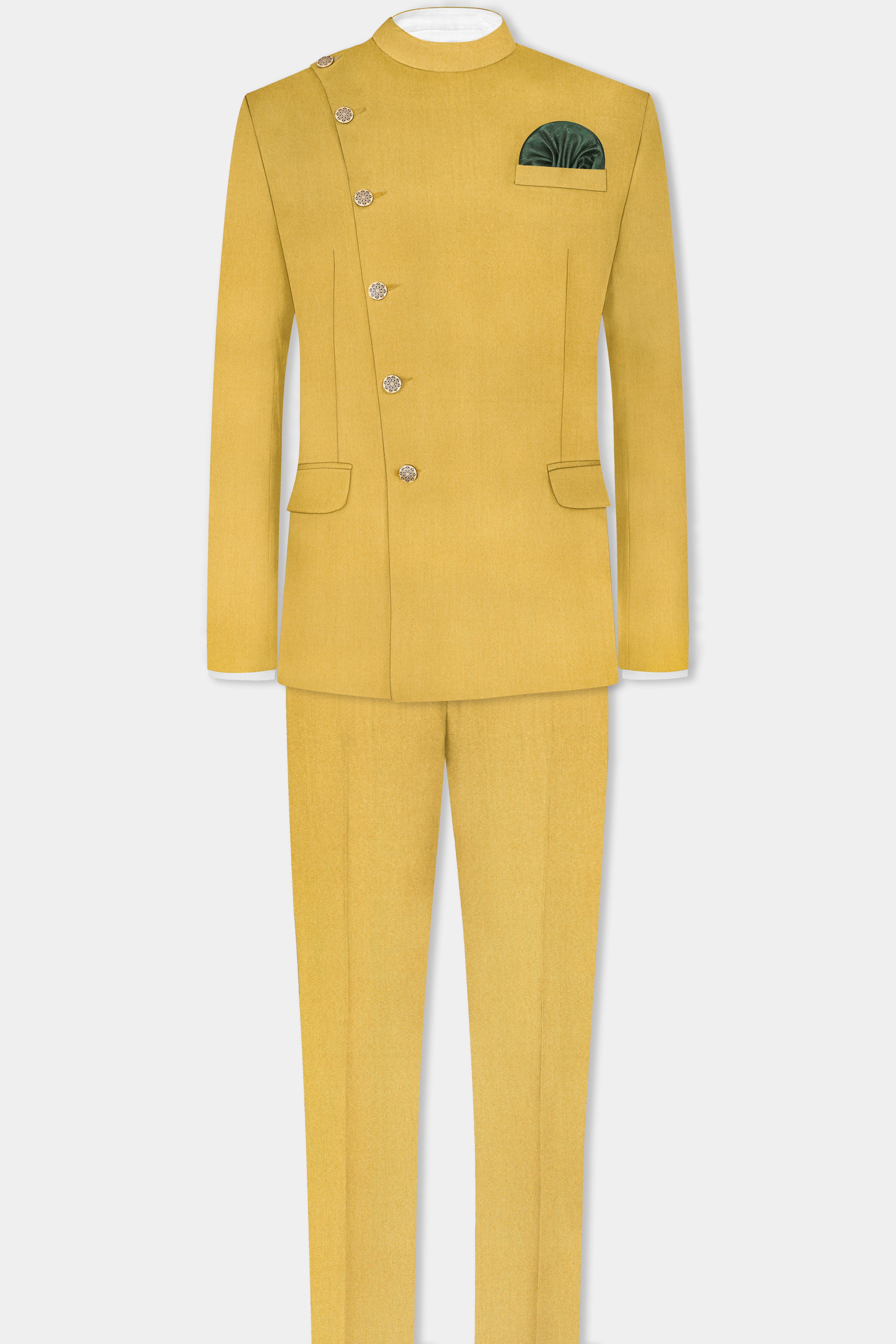 Sycamore Yellow Premium Cotton Cross Placket Bandhgala Blazer