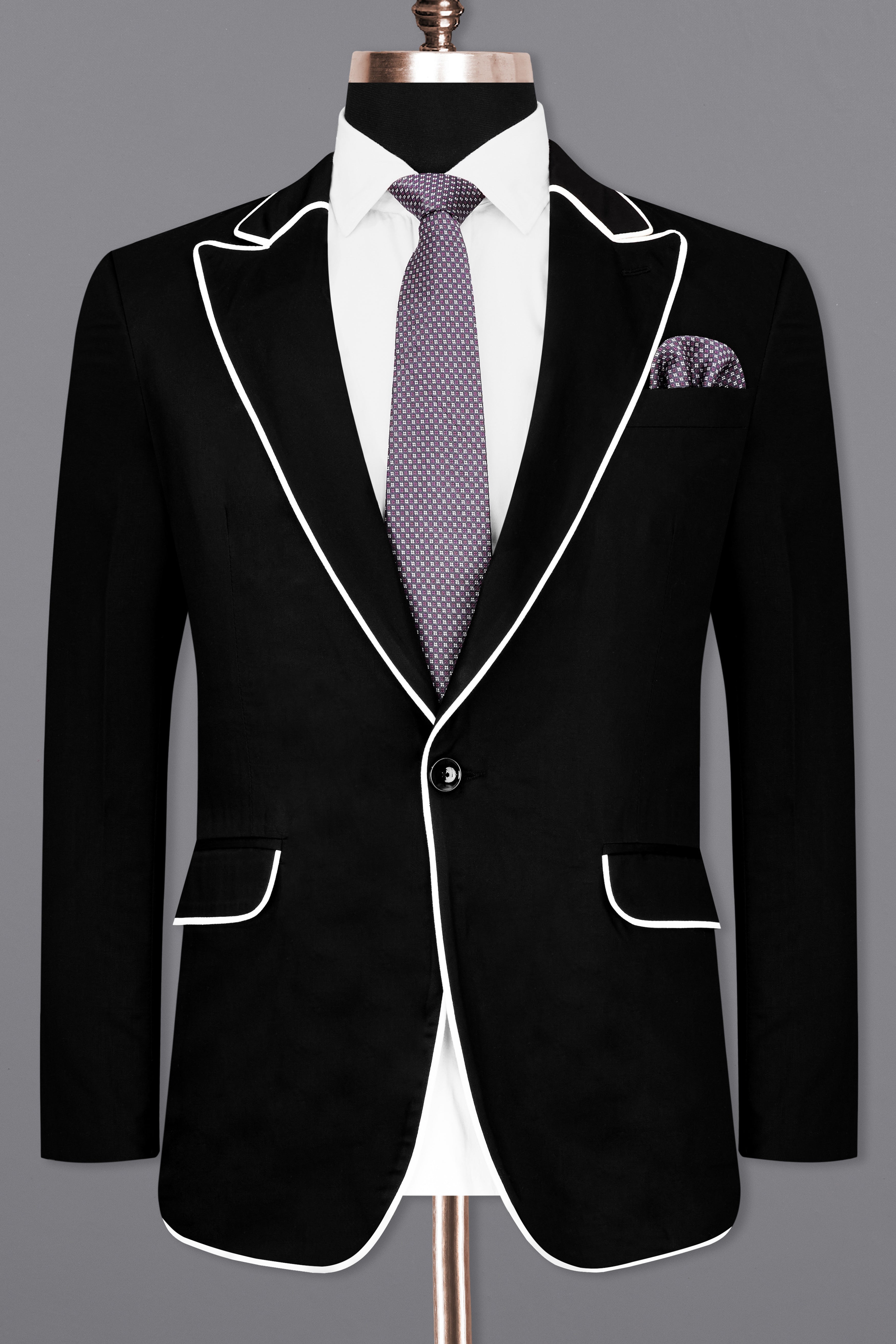 Jade Black Stretchable Subtle Sheen With White Piping Work Designer Blazer