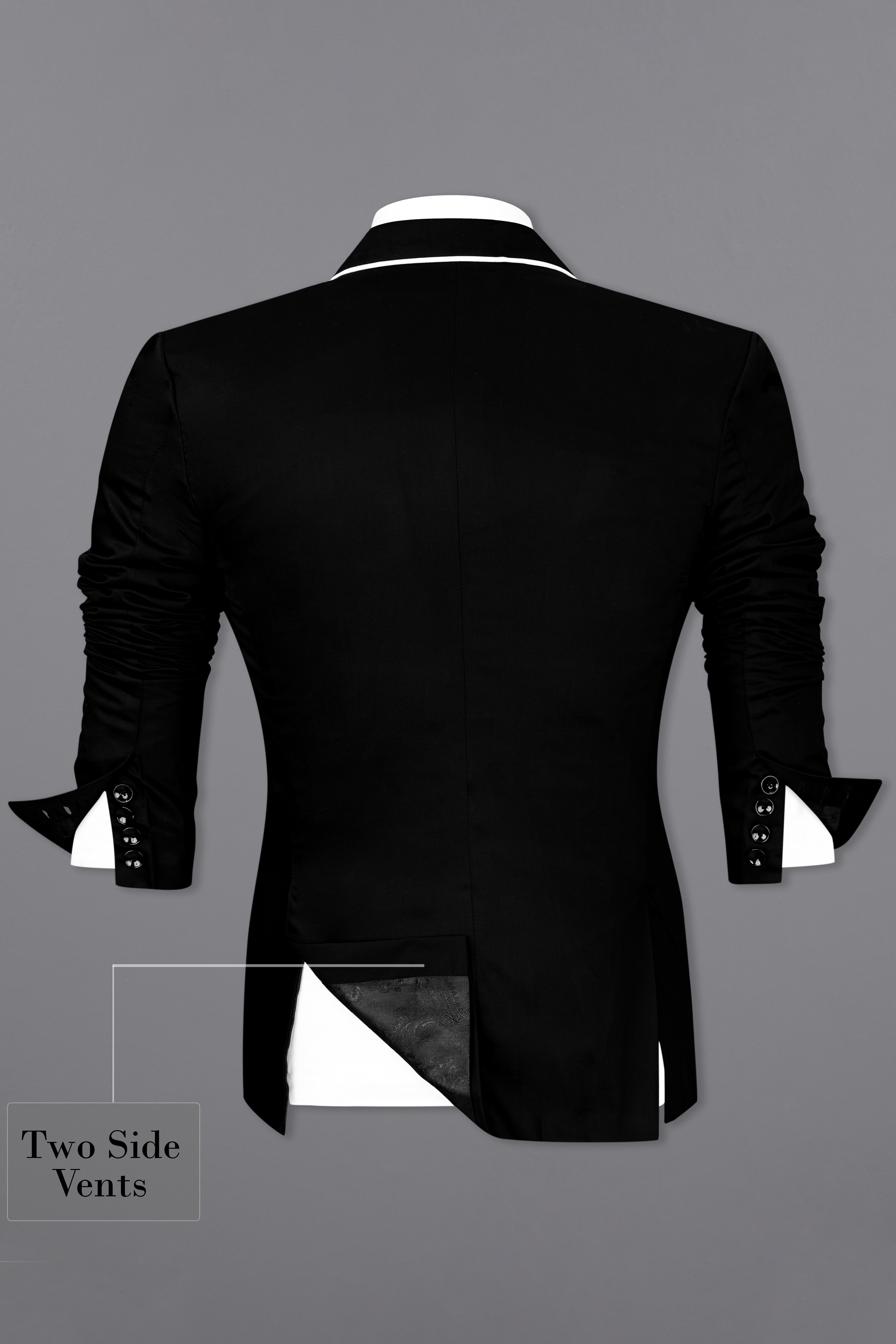 Jade Black Stretchable Subtle Sheen With White Piping Work Designer Blazer