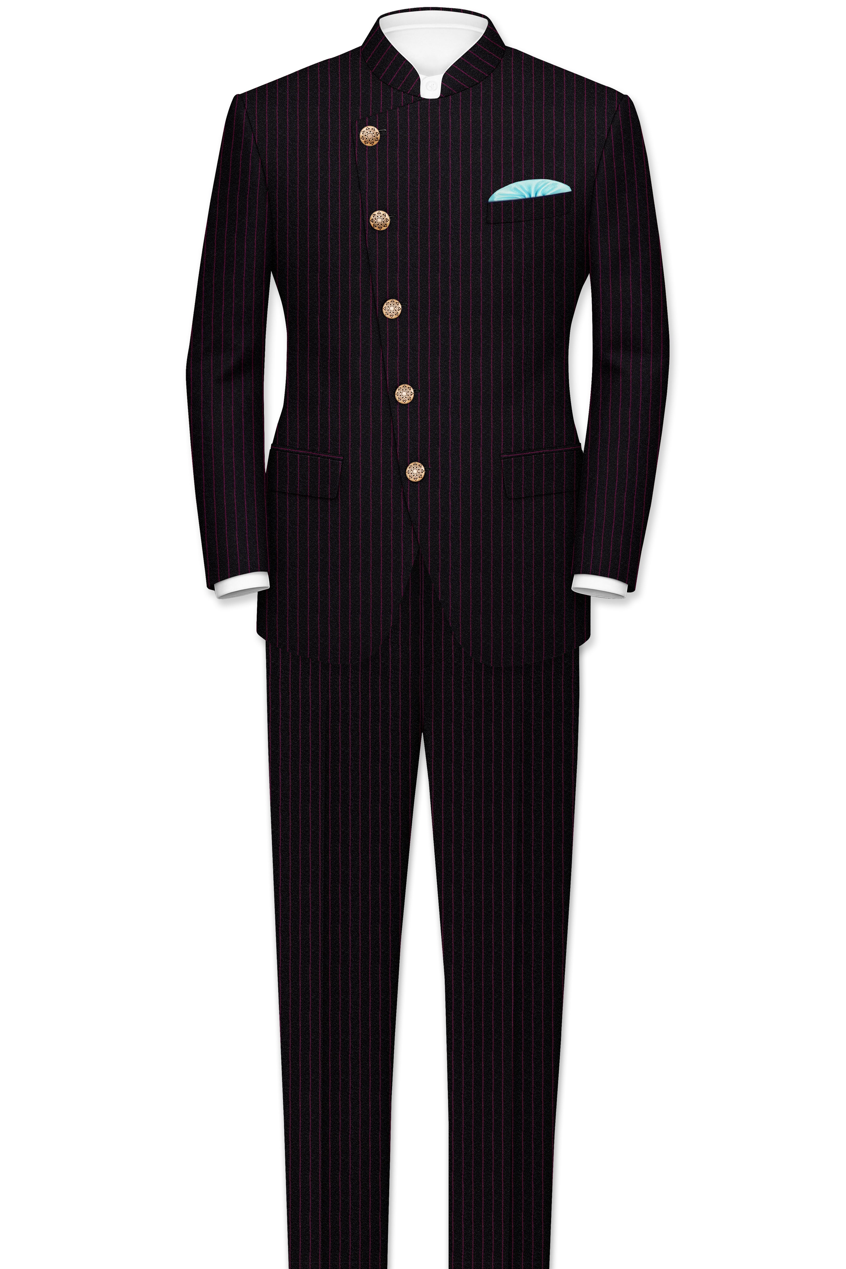 Zeus Black with Dark Mauve Pink Striped Cross Placket Bandhgala Blazer