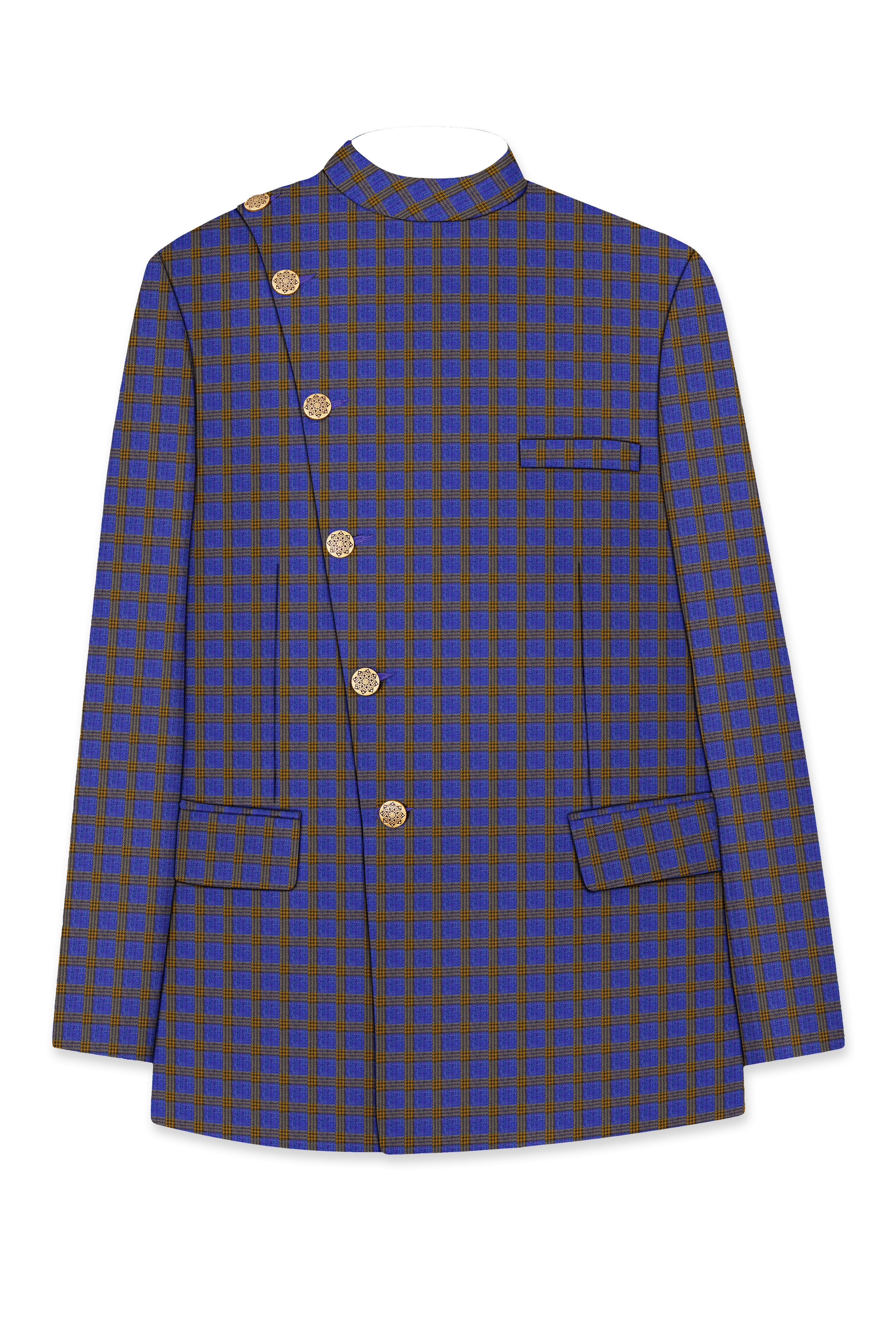 Twilight Blue with Alpine Brown Plaid Cross Placket Bandhgala Blazer